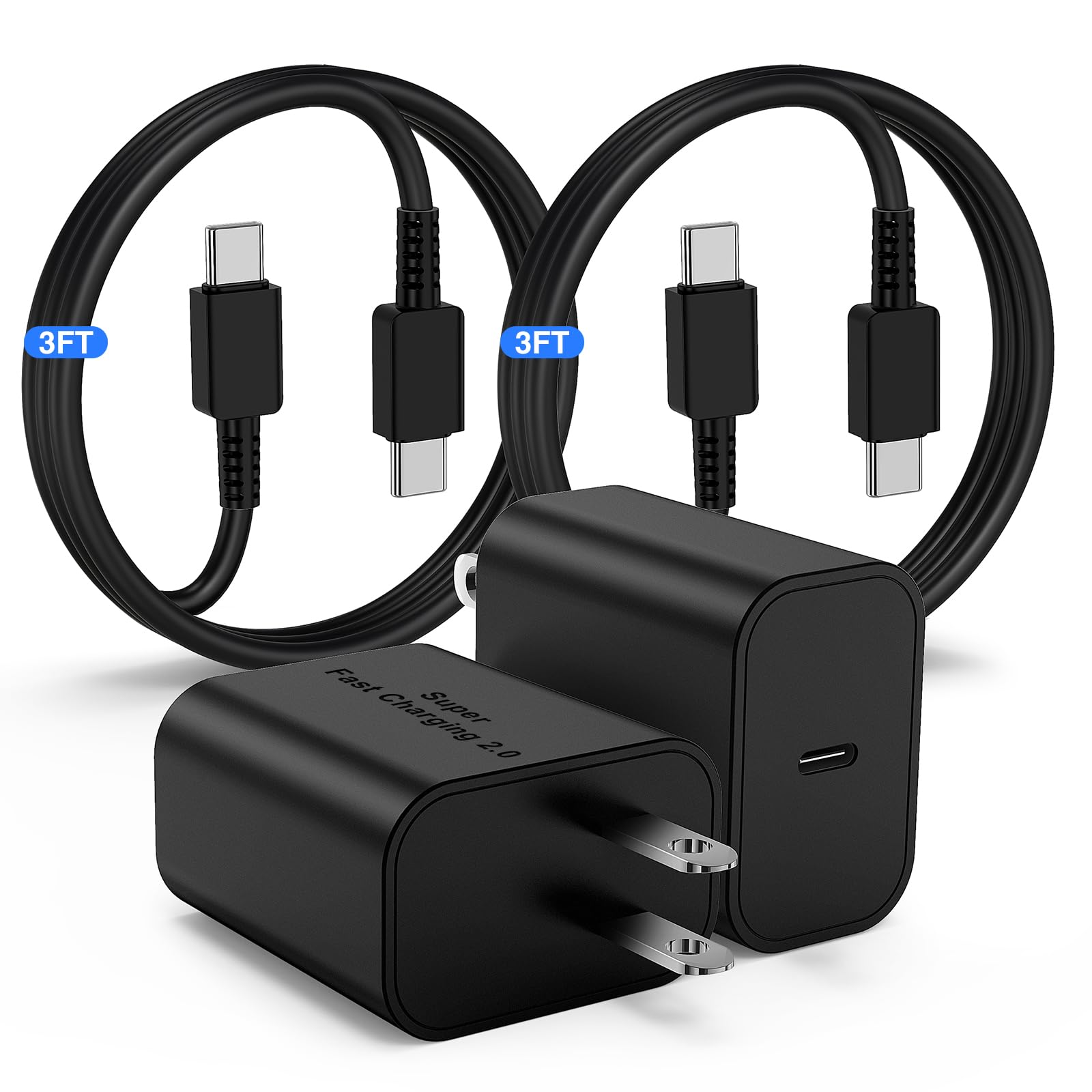 45W Samsung Super Fast Charger with 3FT USB-C Cable (2-Pack) - Compatible with Galaxy S24 Ultra/S24+/S23/S22/S21, Tab S8/S7/A8/A7 & Android Phones - Fast Charging Block for Home, Office & Travel