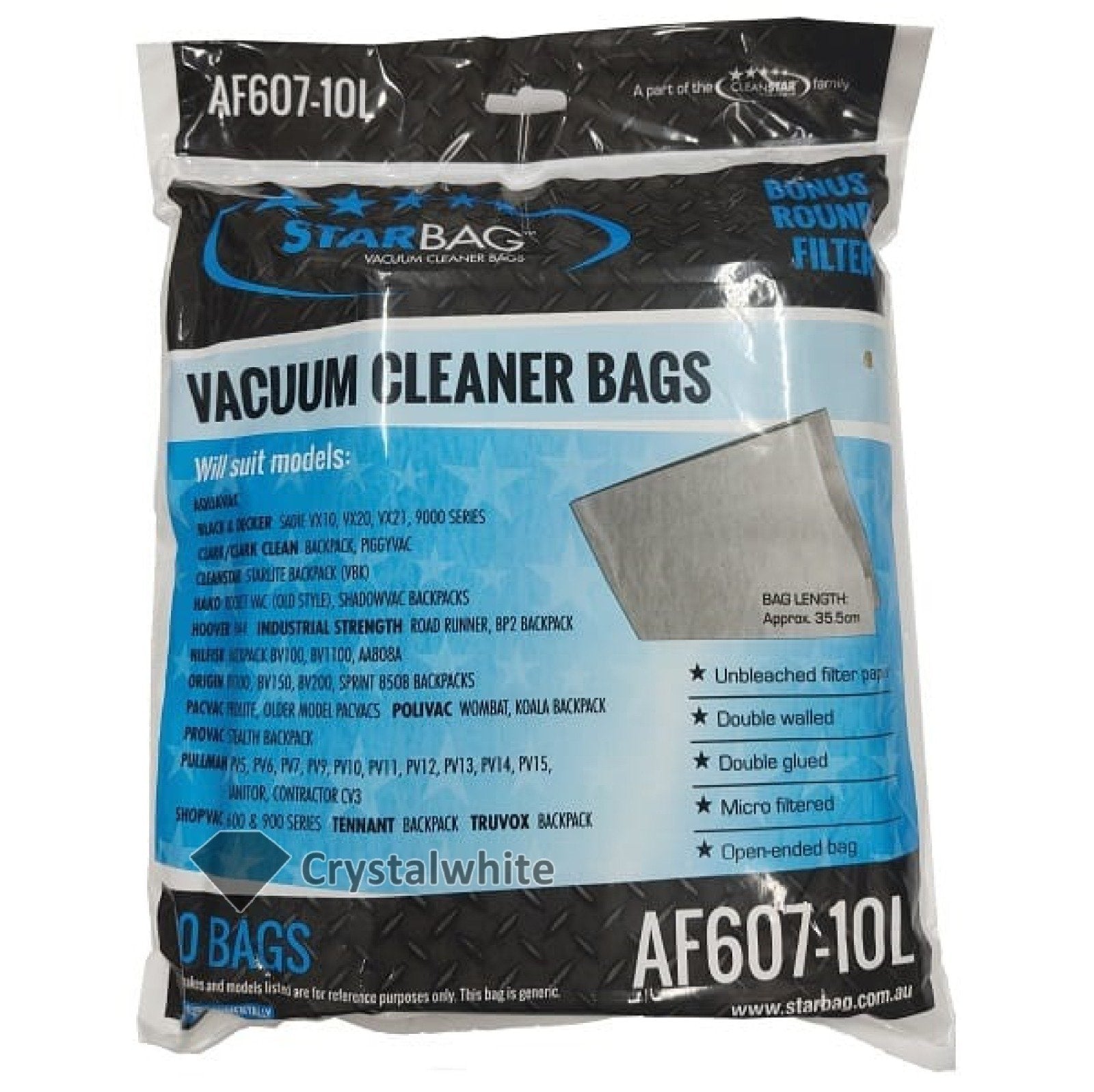 Starbag AF607 10L Vacuum Cleaner Bags - Compatible with Major Vacuum Brands | Dust-Free Home Cleaning Solution for Carpets, Floors & Upholstery