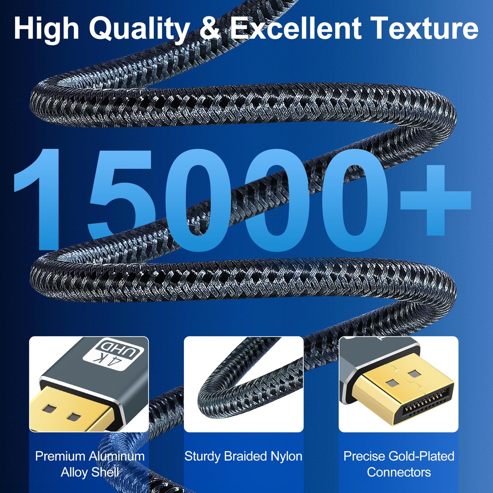 Thzzhnno DisplayPort Cable 1M (3.3ft) - Certified DP 1.2, Gold-Plated Connectors, 4K@60Hz & 2K@165Hz/144Hz - High-Speed Gaming Monitor Cable for PC, Laptop, Workstation - Perfect for Esports, Video Editing & Multi-Screen Setup
