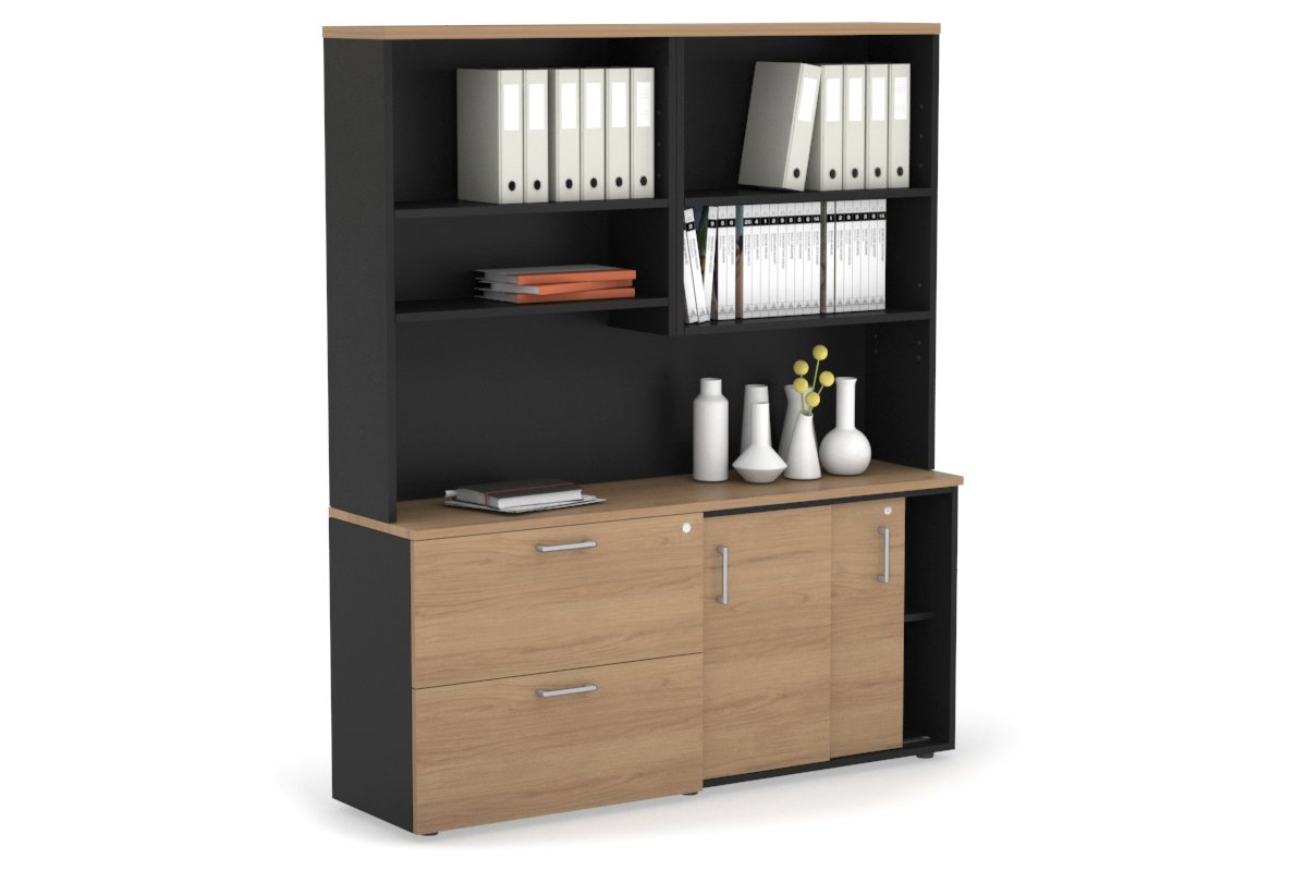 2-Door Sliding Credenza with 2 Drawers & Open Hutch - Modern Office Storage Cabinet for Files, Supplies & Decor - Perfect for Home Office, Conference Rooms & Workspaces