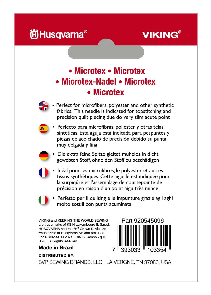HUSQVARNA® VIKING® Microtex Sewing Machine Needles - Size 70/10, 80/12, 90/14 - 5 Pack for Quilting, Embroidery & Lightweight Fabrics | Perfect for Delicate Materials & Precision Stitching