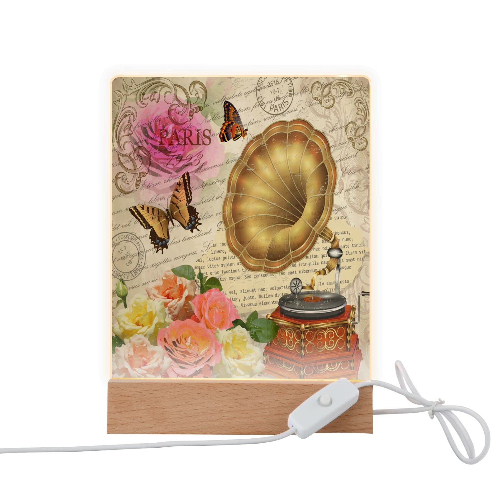 Vintage Rose Gramophone LED Night Light - USB Charger for Bedroom, Kids Room Decor
