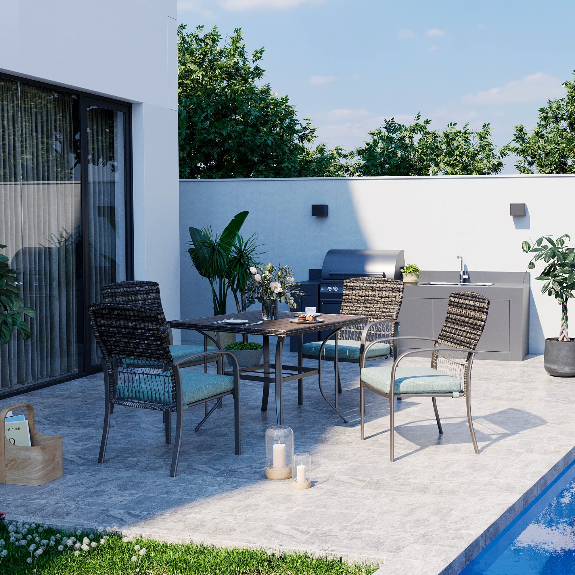 Pamapic 5-Piece Outdoor Patio Dining Set - Green Weather-Resistant PE Rattan Table & Chairs with Comfortable Cushions | Easy to Clean & Maintain | Perfect for Backyard, Garden, Poolside or Balcony Dining