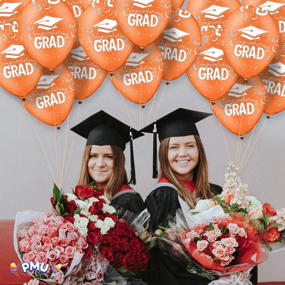 100 Pcs Orange Graduation Balloons Class of 2025 with Printed White Grad Caps, Confetti & Streamers - Latex Party Decorations for Graduation Ceremony, School Events & Celebration Decor
