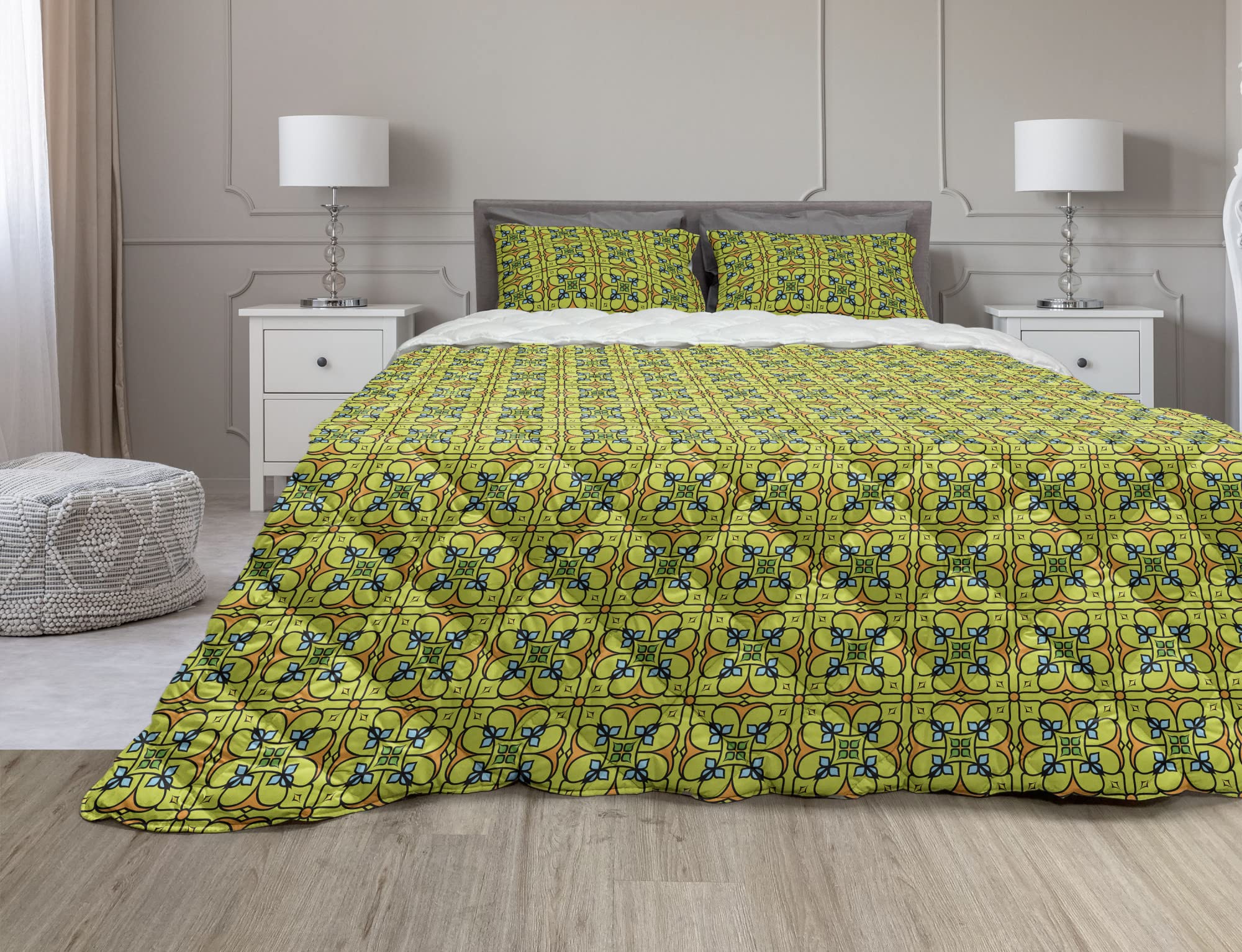 Ambesonne Mosaic Comforter & Sham Bedding Set - Portuguese Azulejo Ceramic Style Ethnic Duvet Cover, 2-Piece Microfiber Quilt Set for Twin XL, Apple Green Marigold Blue - Perfect for Bohemian & Mediterranean Bedroom Decor
