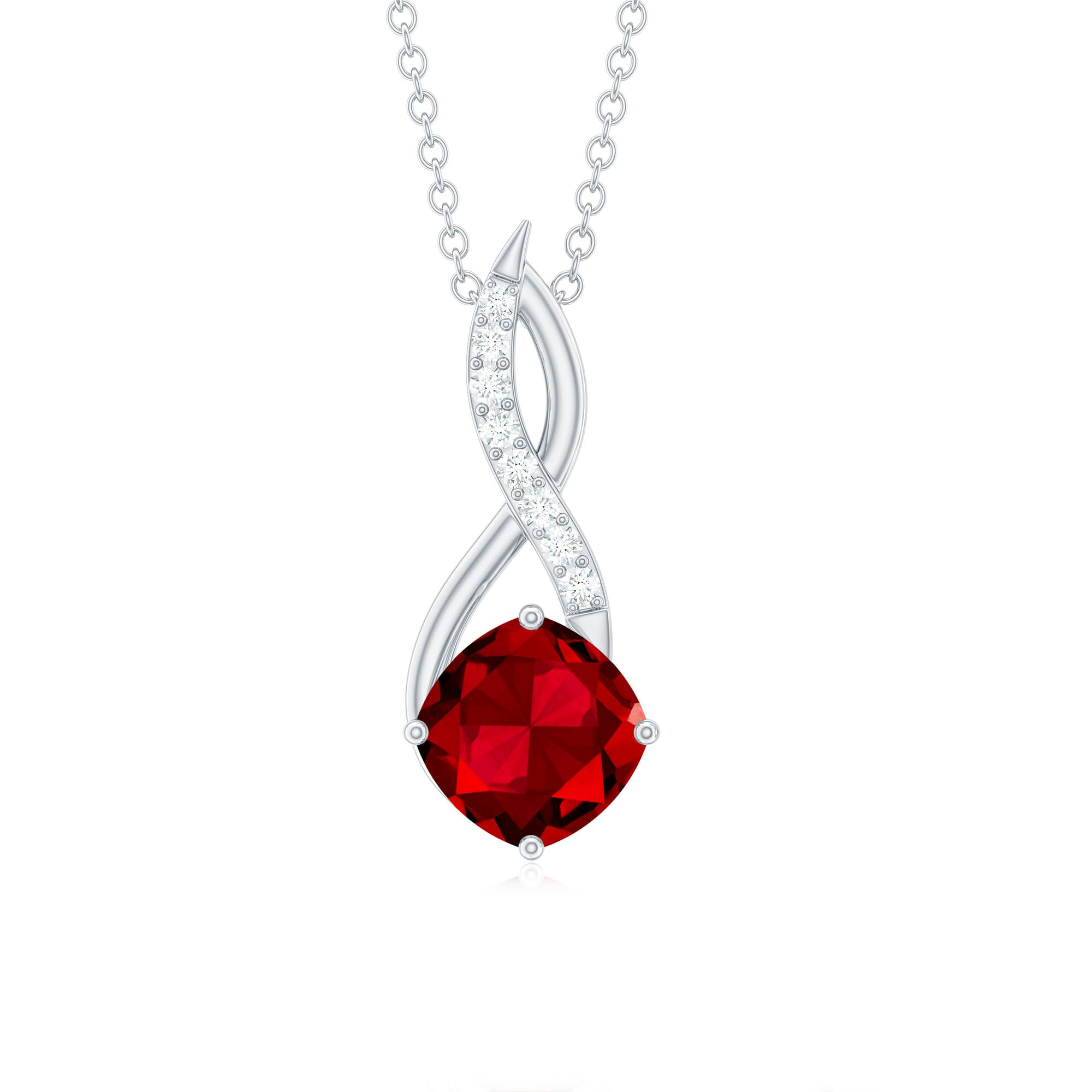 2.25 CT Lab-Created Ruby Pendant with Diamond Accents - Cushion Cut Synthetic Ruby Necklace with Hidden Bail - Elegant Jewelry for Women, Perfect for Weddings, Anniversaries & Special Occasions
