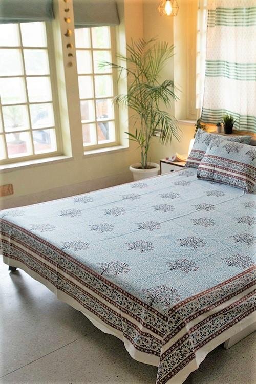 Blue Bloom Handblock Printed Cotton Bedsheet - Premium 100% Cotton Queen Size Bed Sheet Set with Traditional Indian Block Print - Perfect for Boho Bedroom Decor, Guest Room & Cozy Home Styling