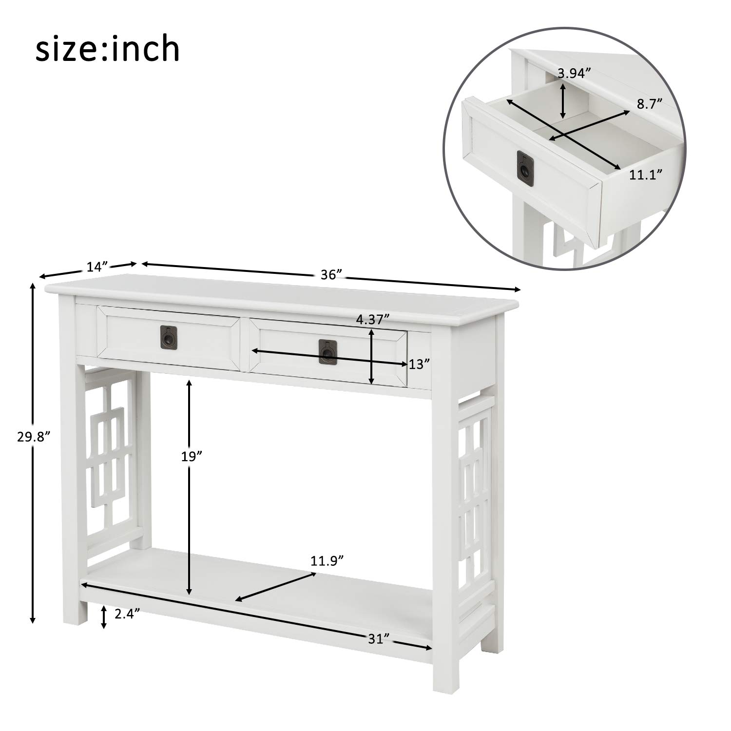 Modern White Wooden Console Table with 2 Drawers & Shelf - Narrow Sofa Table, Entryway Accent Furniture for Living Room, Bedroom, Hallway - 31.5