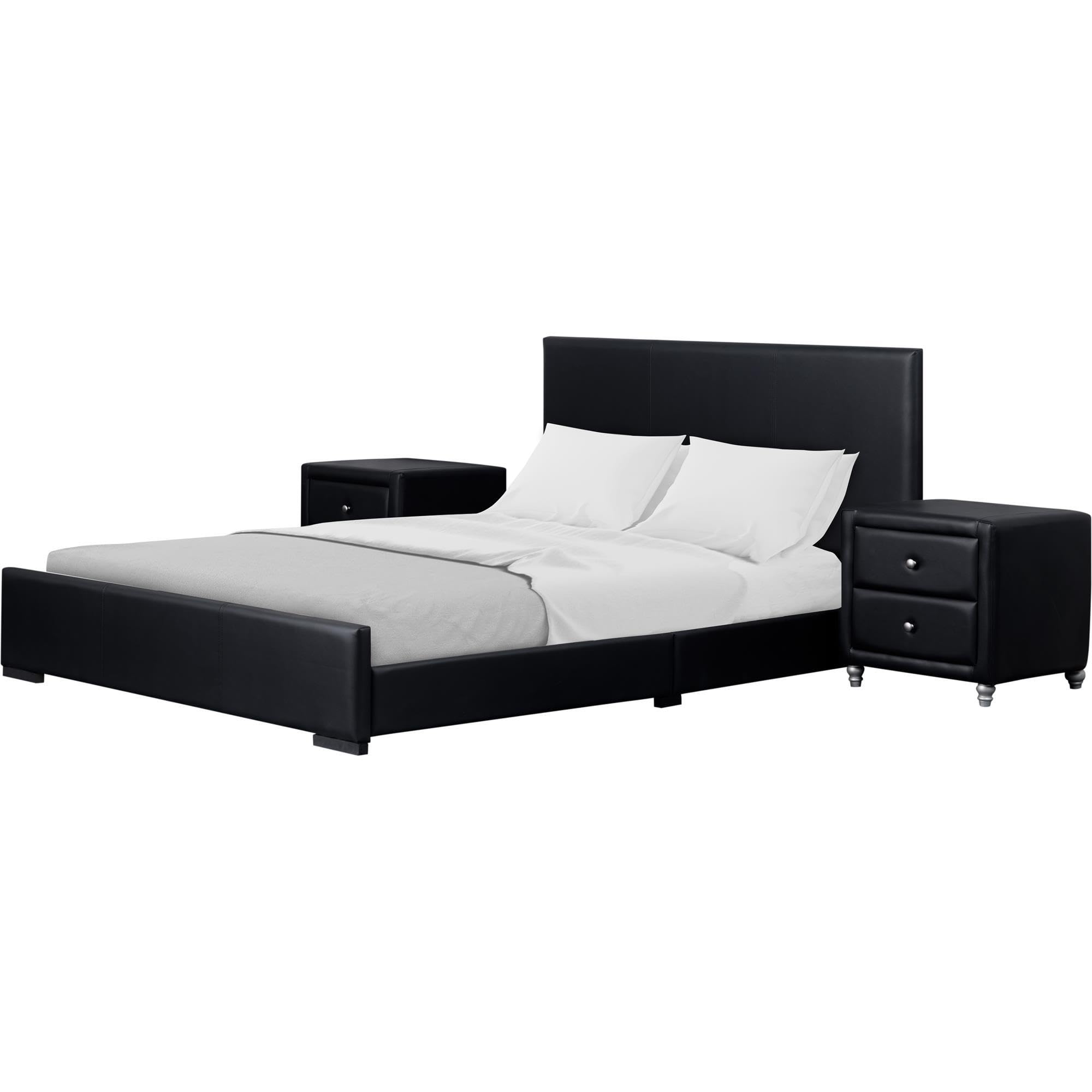 Camden Isle Hindes Upholstered Platform Bed Frame - Queen Size with 2 Nightstands - Black Fabric Upholstery - Modern Bedroom Furniture Set for Master & Guest Rooms