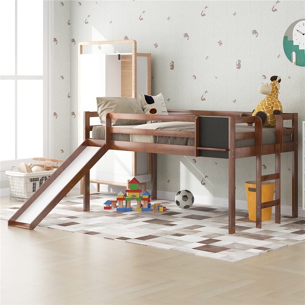 Twin Size Low Loft Bed with Convertible Slide & Ladder - Pinewood Bed Frame with Chalkboard & Guardrails - Space-Saving Kids Bedroom & Guest Room Furniture (Walnut) - Perfect for Small Rooms, Dormitories & Play Areas