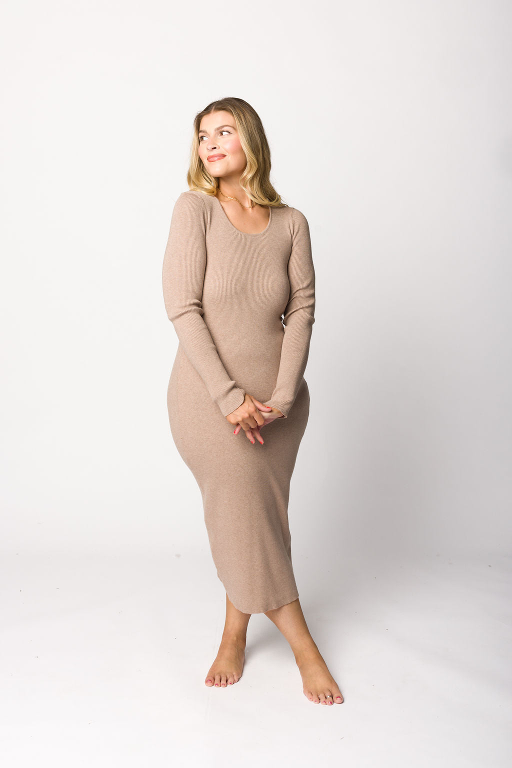 Gwen Ribbed Midi Dress in Mocha - Women's Stretchy Bodycon Dress for Casual Wear, Date Night & Office Outfits