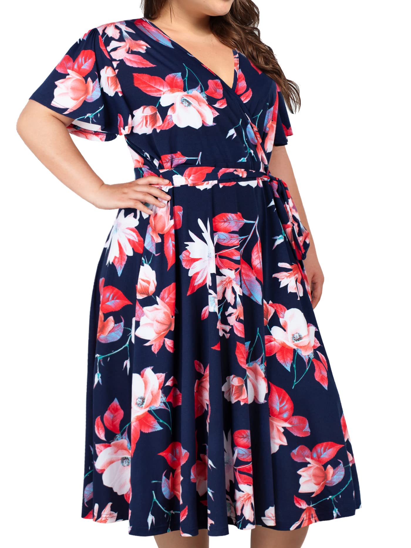 Kissmay Plus Size Women's V-Neck Floral Print Cocktail Party Midi Dress with Pockets - Elegant Formal Occasion & Wedding Guest Outfit