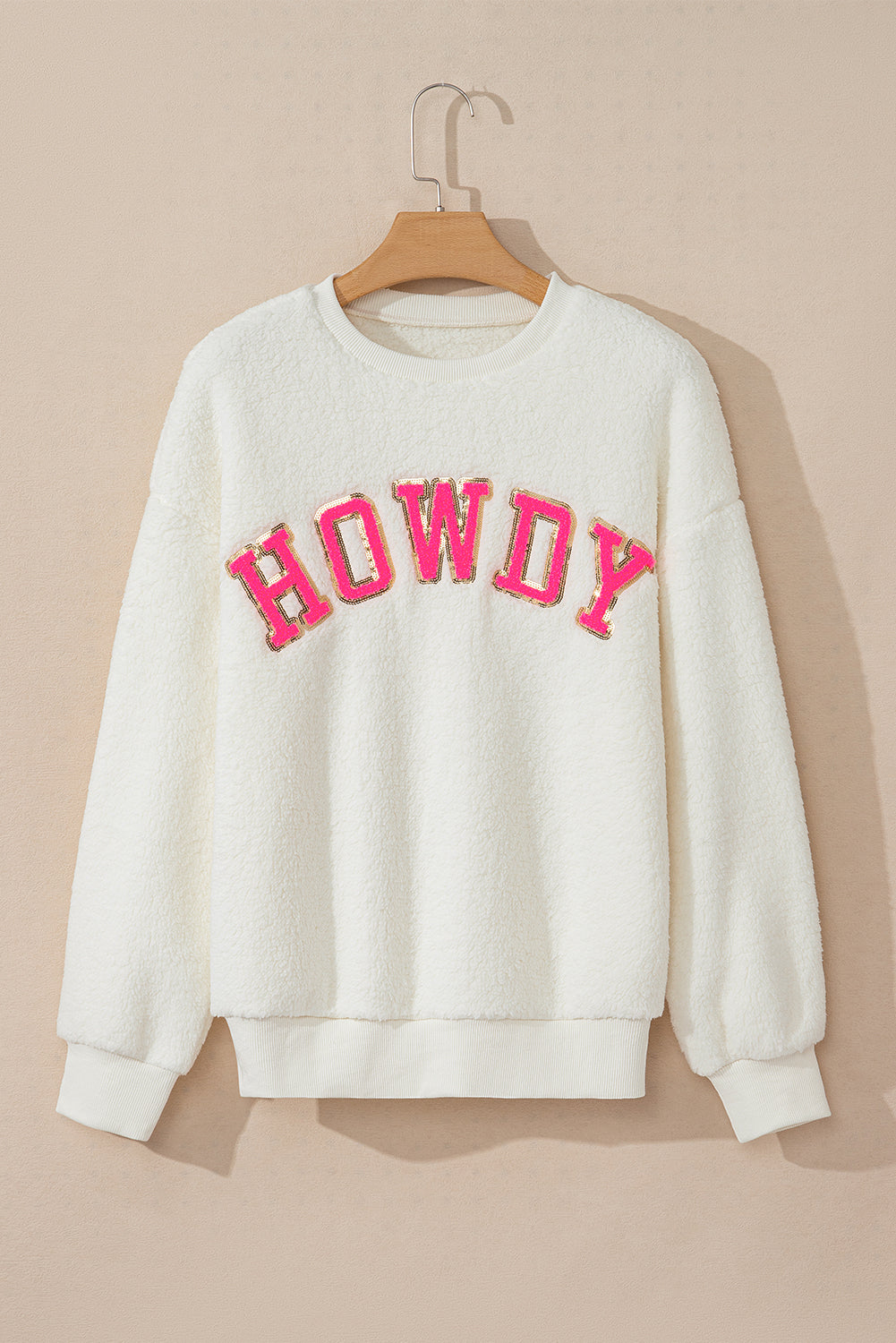 HOWDY Patched Round Neck Sherpa Sweatshirt for Women - Cozy Fleece Pullover with Embroidered Design - Perfect for Winter, Fall and Casual Outings