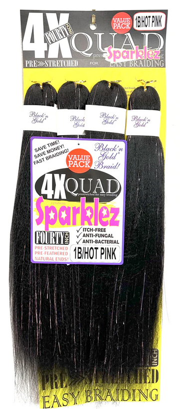 Black & Gold 4X Quad Sparklez Braiding Hair - 40 Inch Glitter Braiding Hair for Box Braids, Cornrows & Protective Styles - Perfect for Parties, Cosplay & Everyday Wear