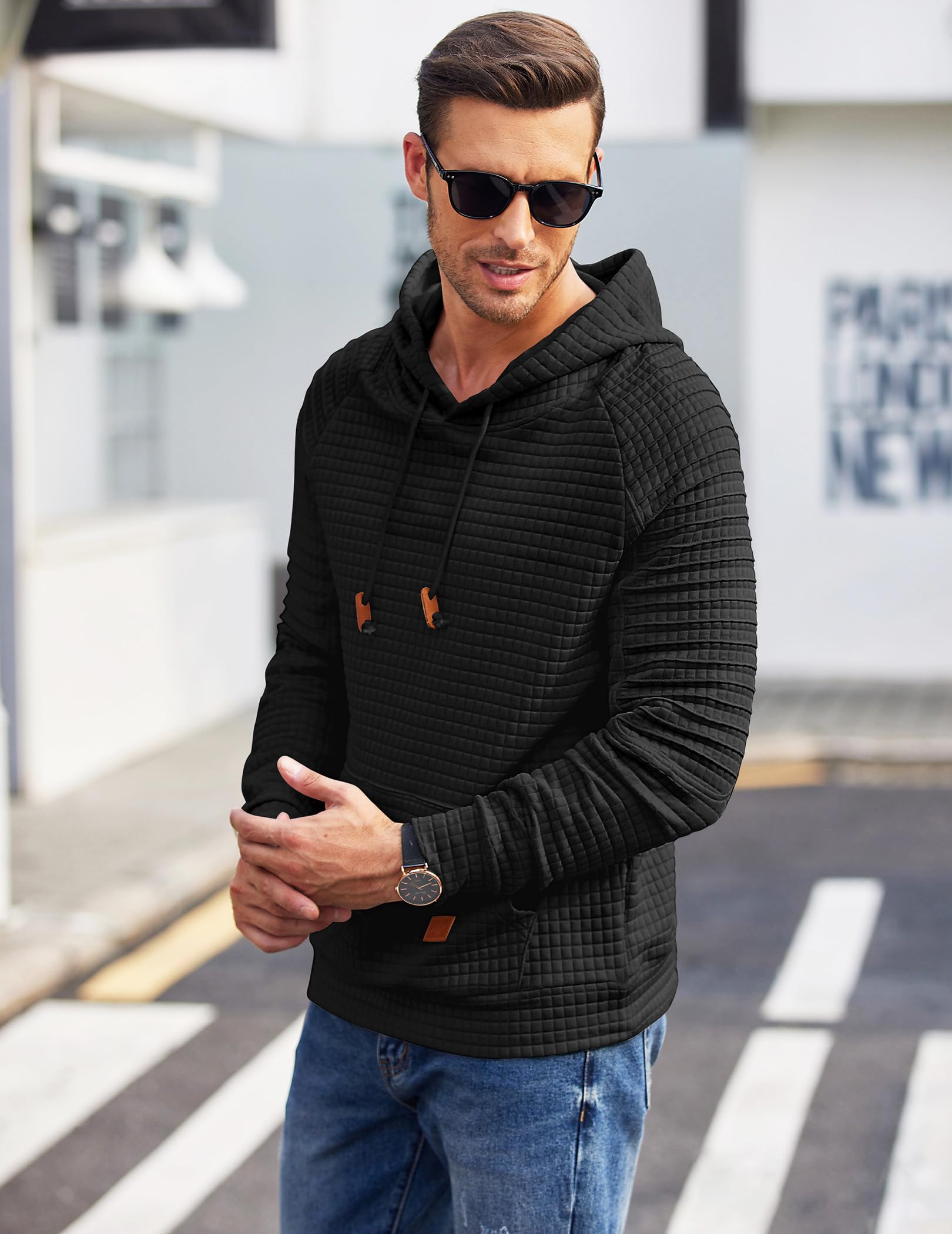 COOFANDY Men's Casual Pullover Hoodie - Long Sleeve Waffle Knit Sweatshirt with Kangaroo Pocket & Drawstring Hood | Perfect for Streetwear, Loungewear and Outdoor Activities
