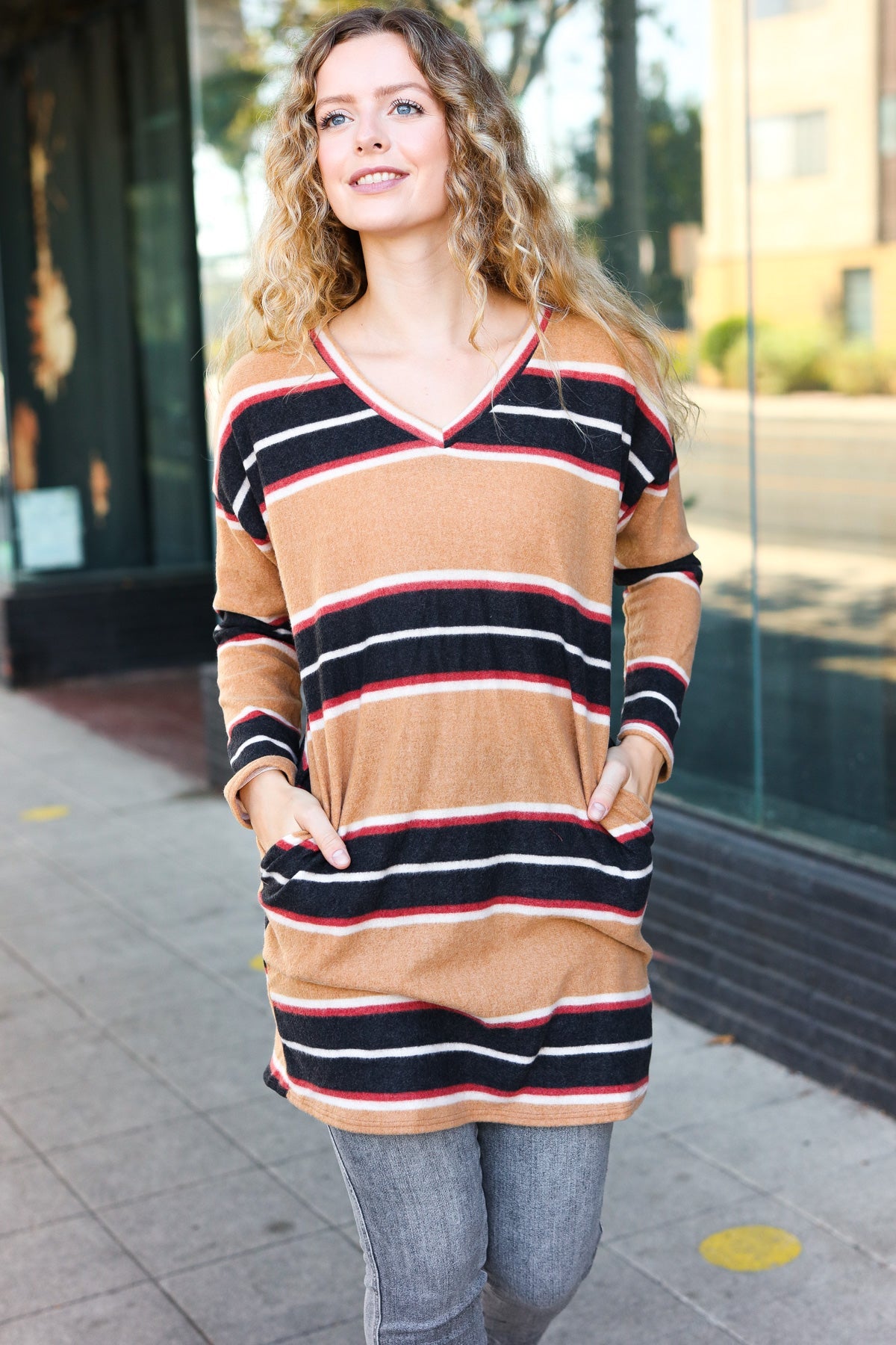Stylish Taupe Hacci Striped Pocket Tunic Dress for Women | Casual Chic Outfit for Work, Brunch & Weekend Wear