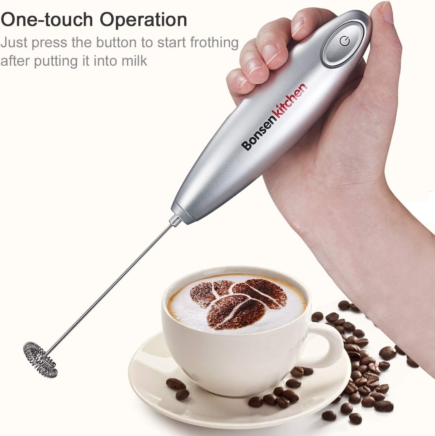 Bonsenkitchen Handheld Milk Frother - Automatic Battery Operated Foam Maker for Coffee, Matcha, Hot Chocolate, Mini Drink Mixer - Silver - Perfect for Home, Office & Cafe Use