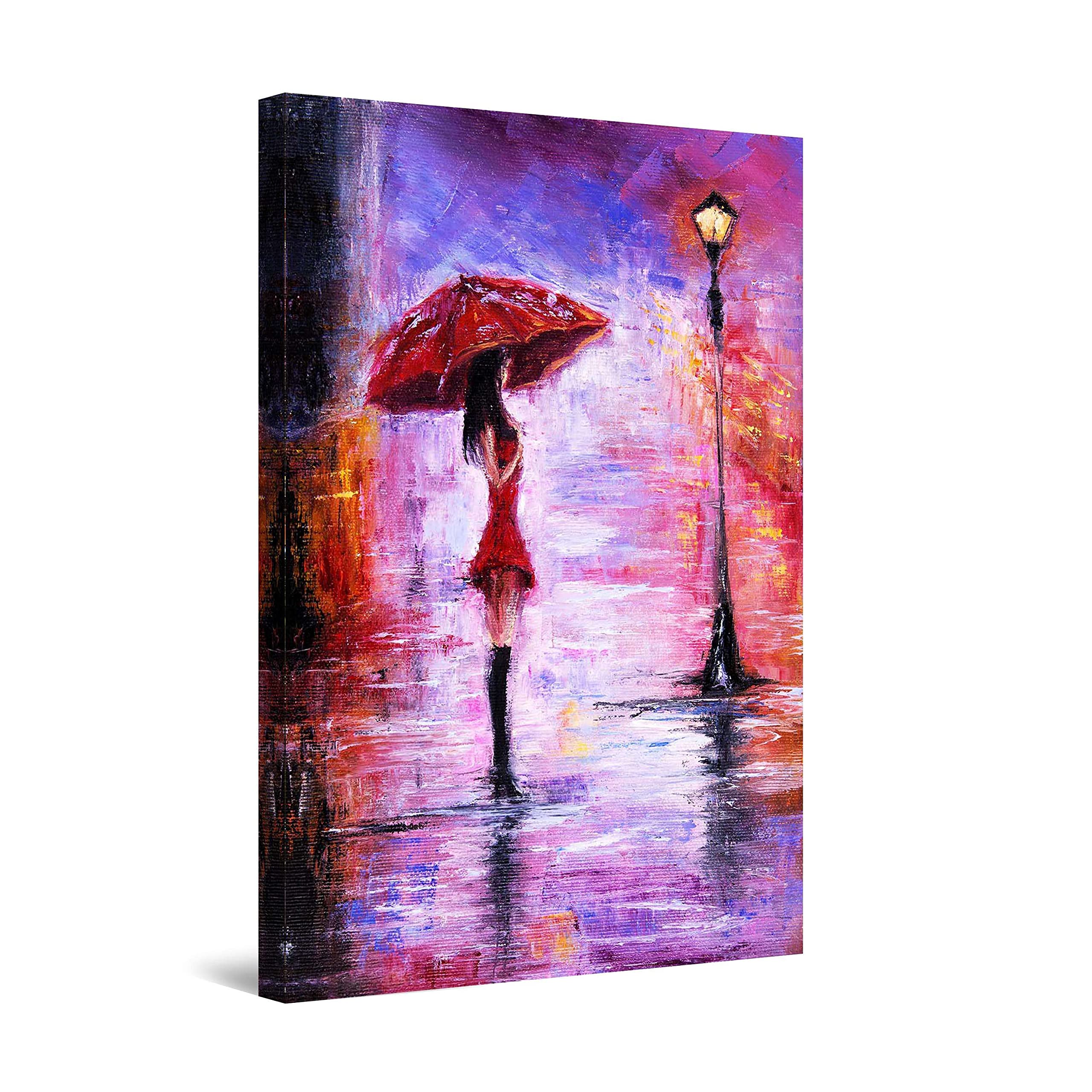 Startonight Abstract Canvas Wall Art - Purple Rainy Day Painting with Woman & Red Umbrella, Large Framed Day/Night Effect - Modern Home Decor, Vivid Color Print (32