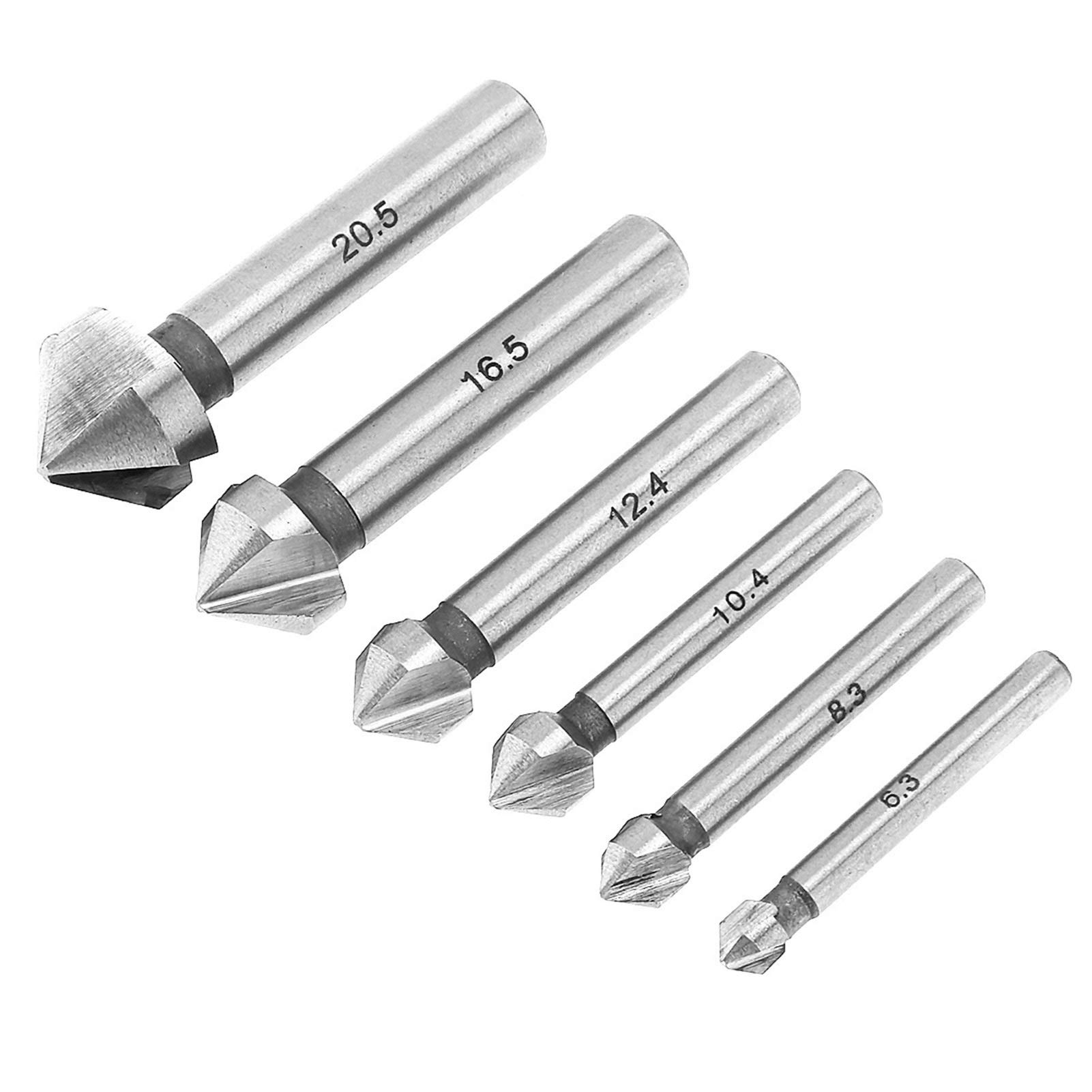 6-Piece HSS 3-Flute Chamfering End Mill Cutter Set for Hard Metals - Round Shank Countersink Drill Bits for Metalworking, Woodworking & DIY Projects