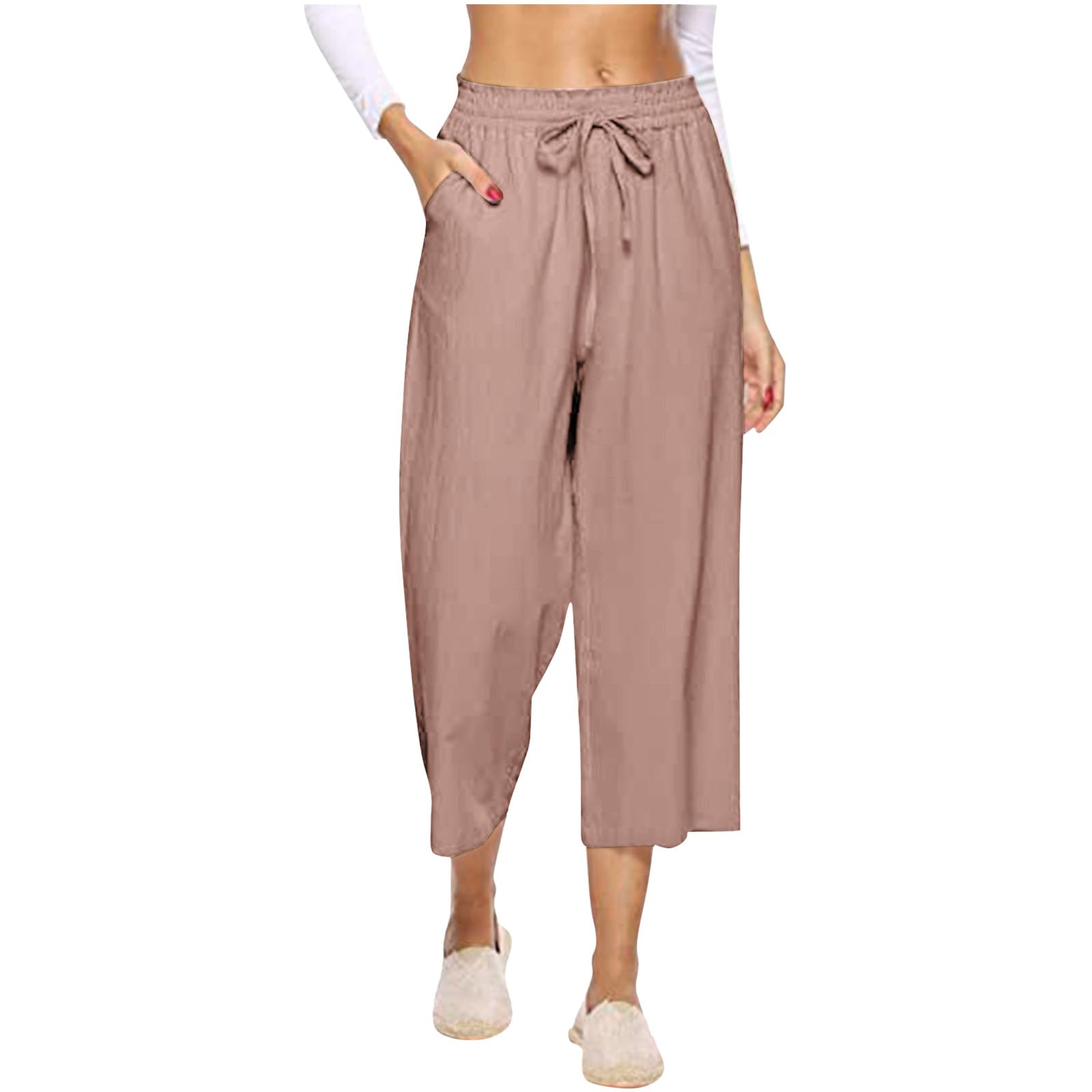 Women's Linen Capri Pants - Drawstring Waist Summer Wide Leg Cropped Trousers for Casual Outings