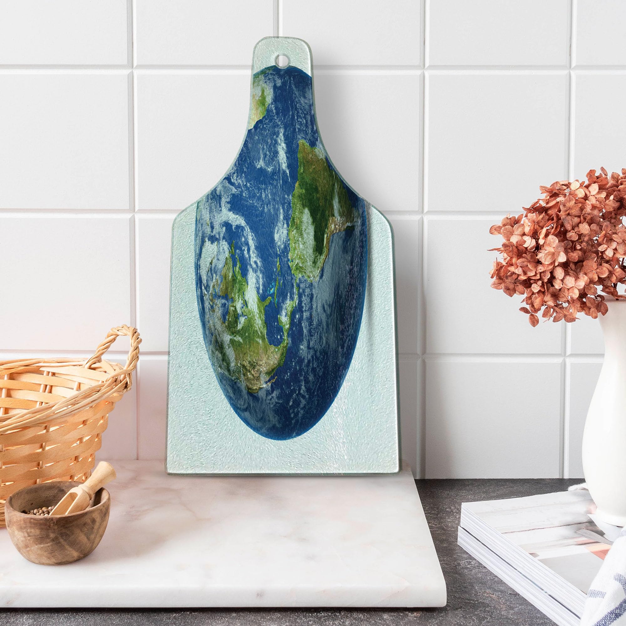 Lunarable World Map Cutting Board - Satellite View of Planet Earth with Continents & Clouds - Decorative Tempered Glass Serving Board for Kitchen & Dining - Wine Bottle Shaped in Navy Blue, Green & White - Perfect for Entertaining, Gift Giving & Home Decor
