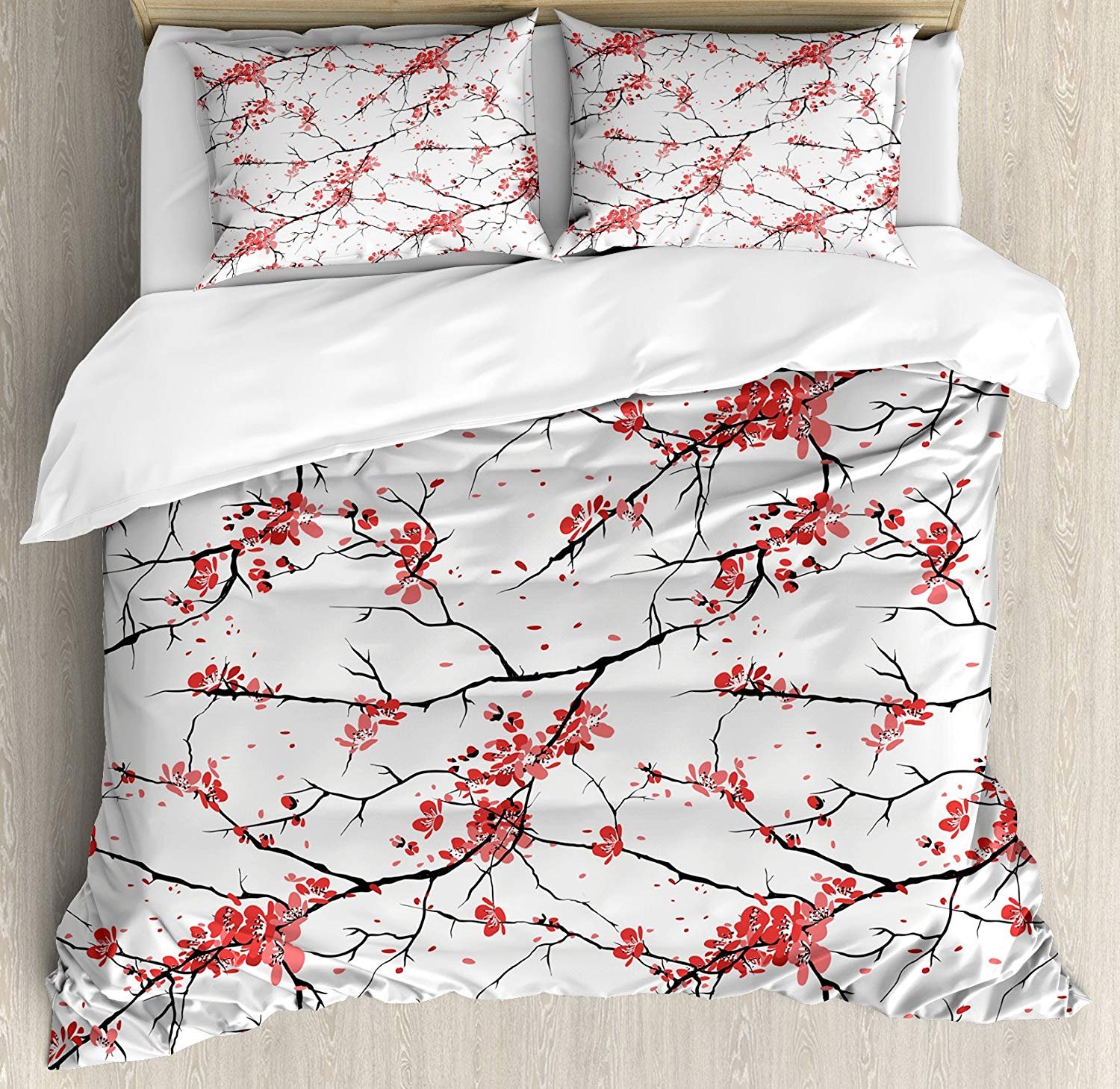 Custom Full Size 4-Piece Bedding Set - Duvet Cover, Flat Sheet & 2 Pillowcases - Japanese Sakura Branch Painting Design - Premium Cotton Bed Linens for Master Bedroom, Guest Room & Dorm Decor