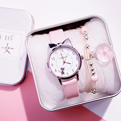 **XUSHI Pink Cat Quartz Wristwatch for Girls - Stylish Student Watch with Gift Box - Perfect for School, Parties & Everyday Wear**