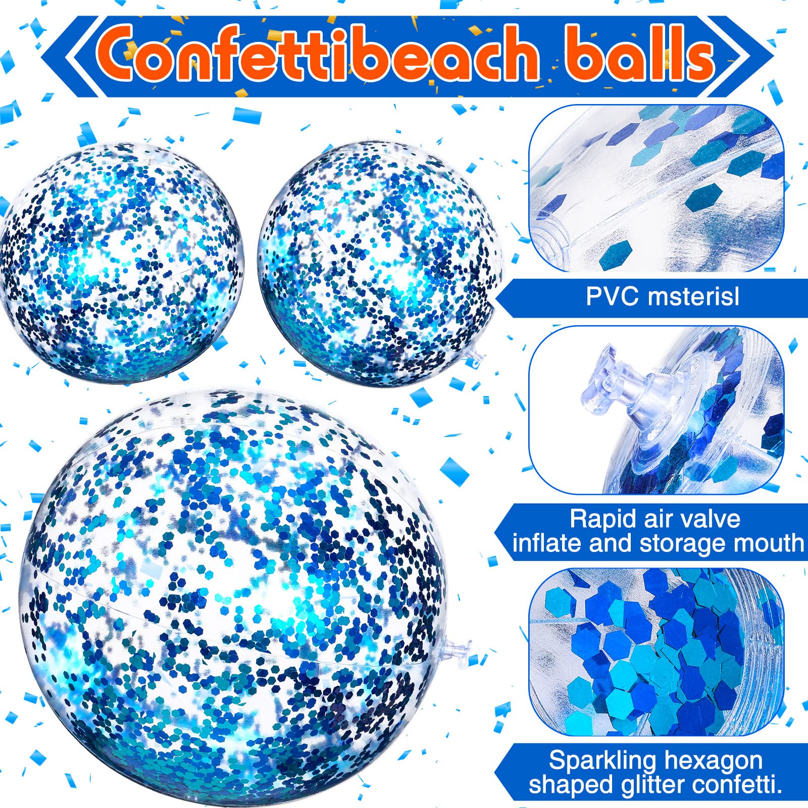 Lewtemi 12 Pcs Inflatable Glitter Beach Balls - 24 Inch & 16 Inch Clear Confetti Pool Balls, Jumbo Swimming Party Decorations for Summer, Outdoor Pool Parties, Birthday Favors, Kids Water Games (Blue)