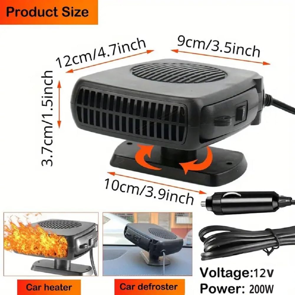 12V 200W Portable Car Heater & Defroster - Dual Mode Windshield Defogger with 360° Rotation & Cigarette Lighter Plug (Black) | Fast Heating for Winter Driving & Emergency Car Warmth