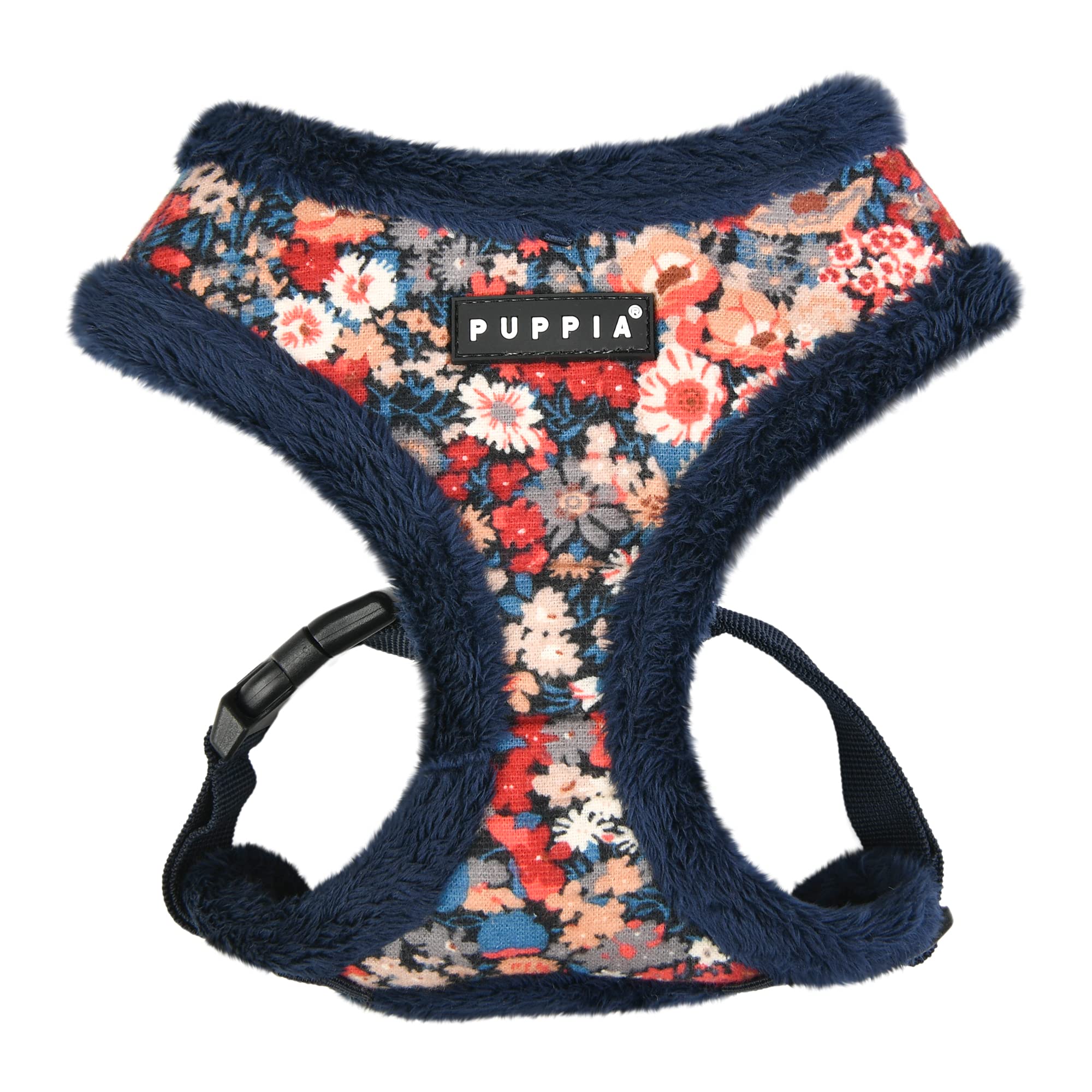Puppia Gianni Dog Harness - Over-The-Head Winter Warm Coat with Flower Pattern, Adjustable Chest Strap for Small & Medium Dogs - Navy Blue, Size Small - Perfect for Cold Weather Walks & Outdoor Adventures