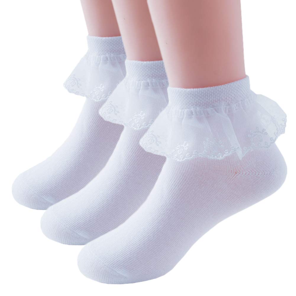 Toddler Girls Lace Ruffle No-Show Cotton Ankle Socks 3-Pack - Soft Breathable Frilly Socks for Baby Girls - Perfect for Dressy Occasions, School & Everyday Wear