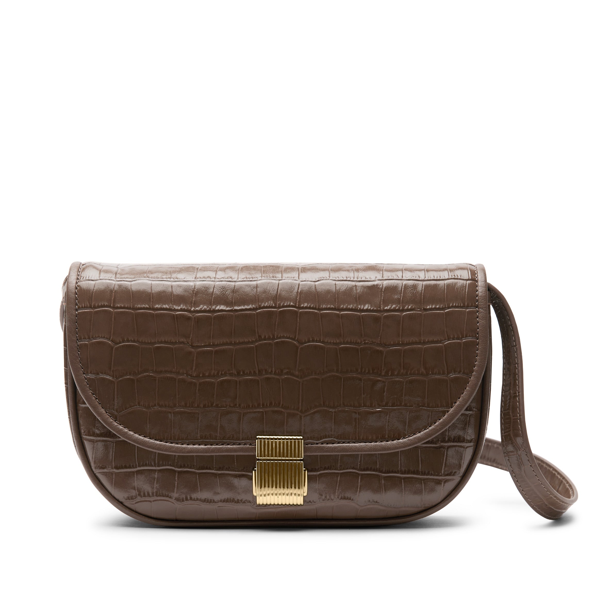 Katy Small Saddle Crossbody Bag in Cocoa Croc Embossed Leather - Perfect for Everyday Use, Travel & Casual Outings
