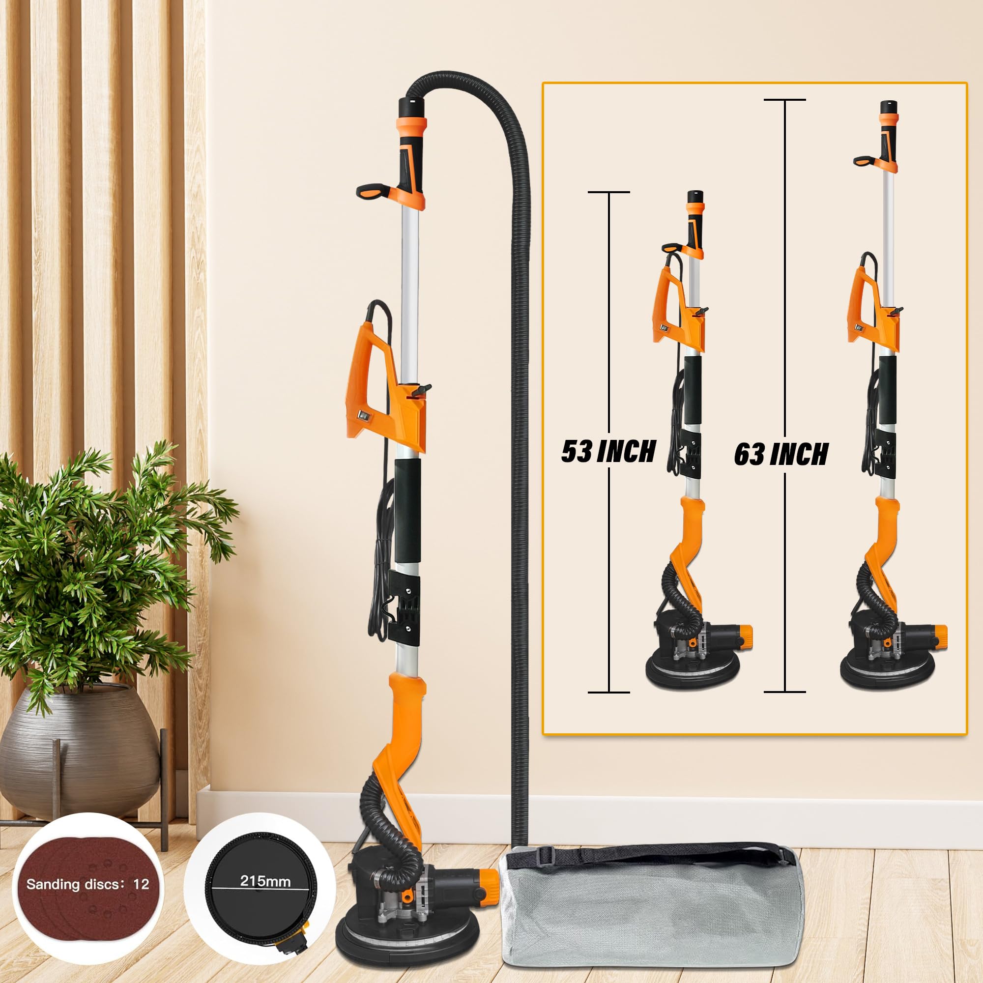 1050W Electric Drywall Sander with Vacuum System - Heavy Duty LCD Digital Display, 9-Speed Adjustable (800-2100 RPM) - Foldable Extendable Handle & 12 Sanding Discs Included - Perfect for Drywall, Wood Floor Sanding & Home Renovation Projects