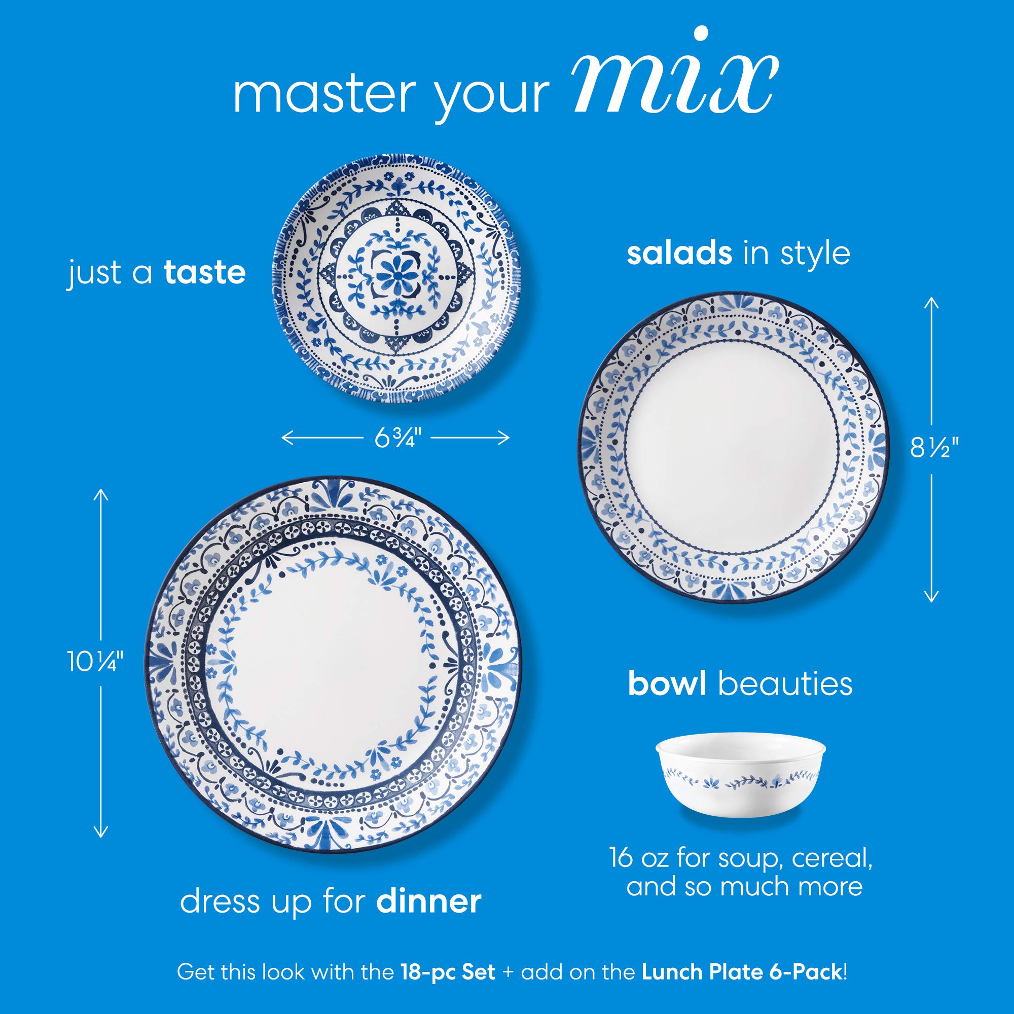 Corelle Vitrelle 18-Piece Dinnerware Set for 6 - Chip Resistant Triple Layer Glass Plates & Bowls - Lightweight Round Dinner Plates Set - Portofino Pattern - Perfect for Everyday Dining, Family Gatherings & Restaurant Use