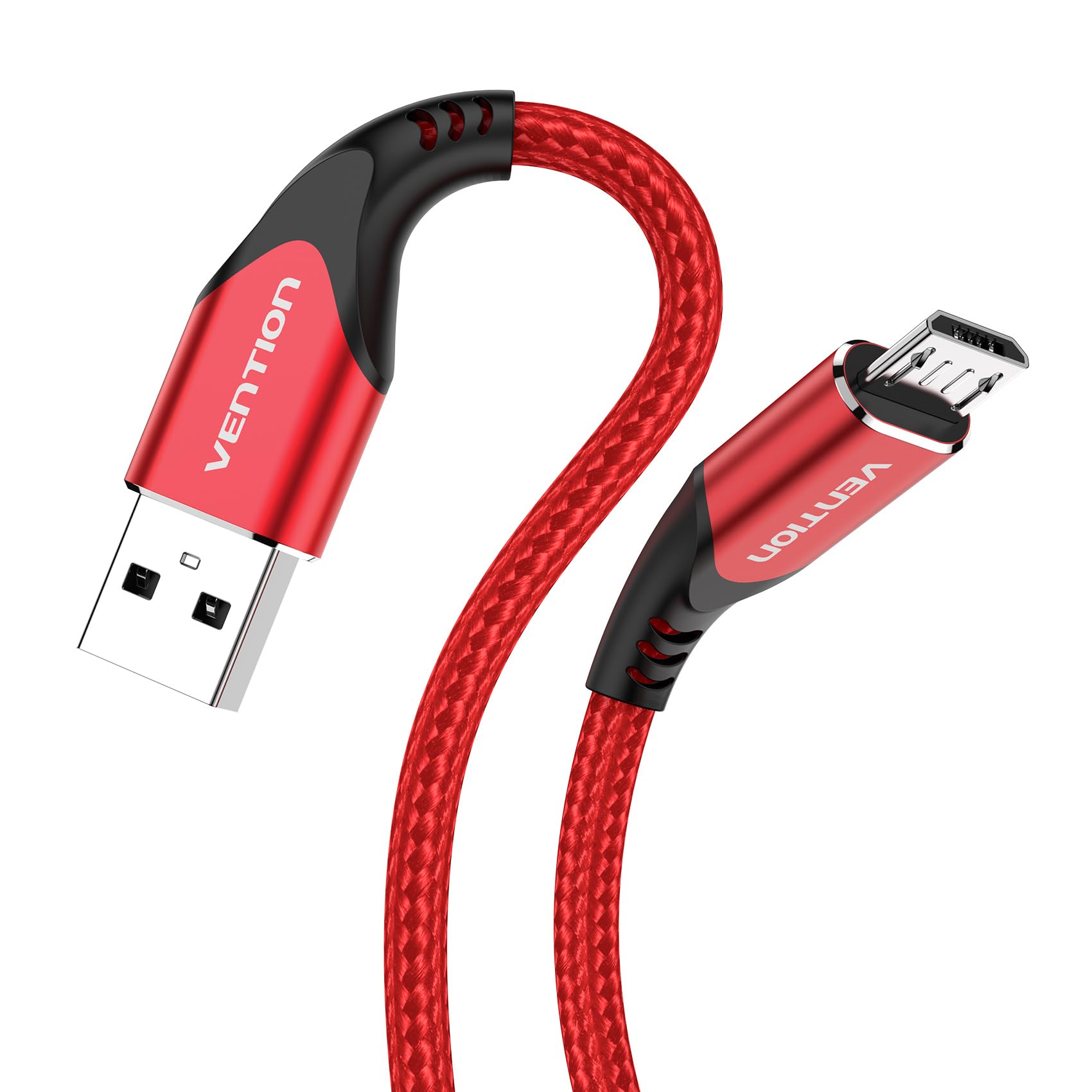 VENTION 6.6FT USB to Micro USB Charging Cable - Fast Charger Cord for PS4, Xbox One Controller, Kindle Fire Paperwhite & Android Phones | Durable Nylon Braided Design | Perfect for Gaming, Travel & Home Use (Red)