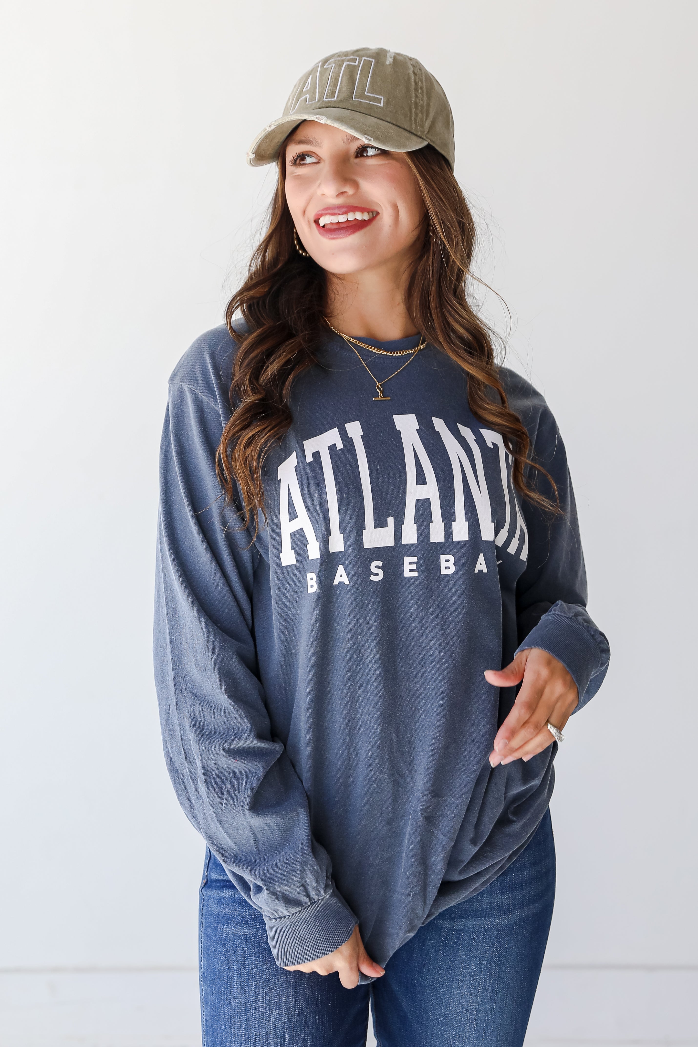 Denim Atlanta Baseball Long Sleeve Tee for Men - Vintage Washed Cotton Jersey with Team Logo - Perfect for Game Day, Casual Wear & Street Style Outfits