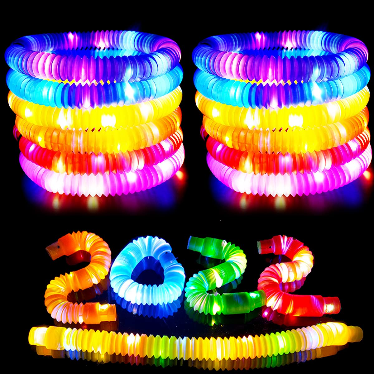 16-Piece Glow in the Dark Pop Tubes Sensory Toys - Stretchy Light Up Party Favors for Kids & Adults - Fun Pull & Stretch Glow Sticks for Birthday, Holiday, Indoor & Outdoor Celebrations - Perfect for Night Parties, Raves, and Sensory Play Activities