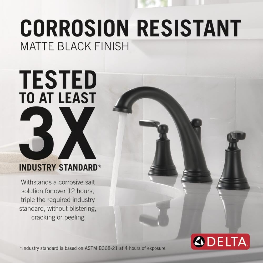 Delta Woodhurst Widespread Bathroom Faucet - 3 Hole Matte Black Bathroom Sink Faucet with 2 Handles & Push-Pop Drain - Modern Bathroom Faucet for Vanity Sinks (Model 3532LF-BLMPU) - Perfect for Master Bathrooms, Guest Baths & Powder Rooms