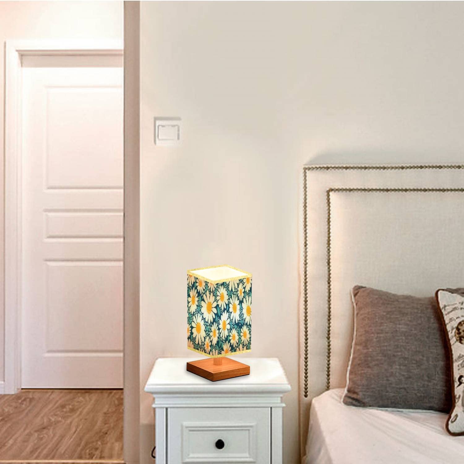 Handmade Wooden Base Flaxen Fabric Shade Table Lamp with Chamomile Floral Print - Dimmable Nightstand Lamp for Bedroom, Living Room & Office - Perfect for Reading, Relaxing and Home Decor