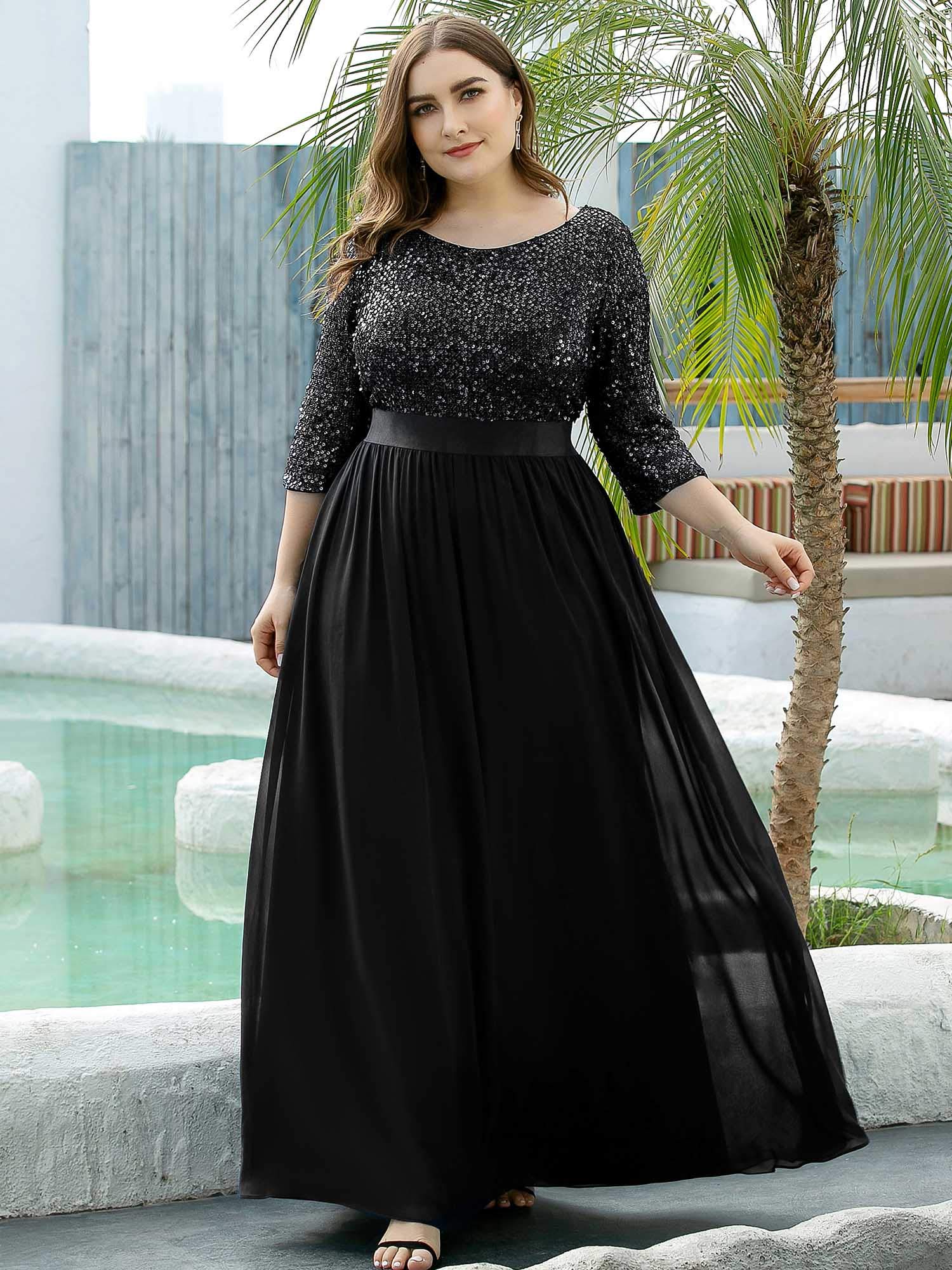 Ever-Pretty Women's Sequin Round Neck Maxi Dress - Plus Size Formal Evening Gown for Special Occasions, Parties & Weddings (Style 0683-PZ)