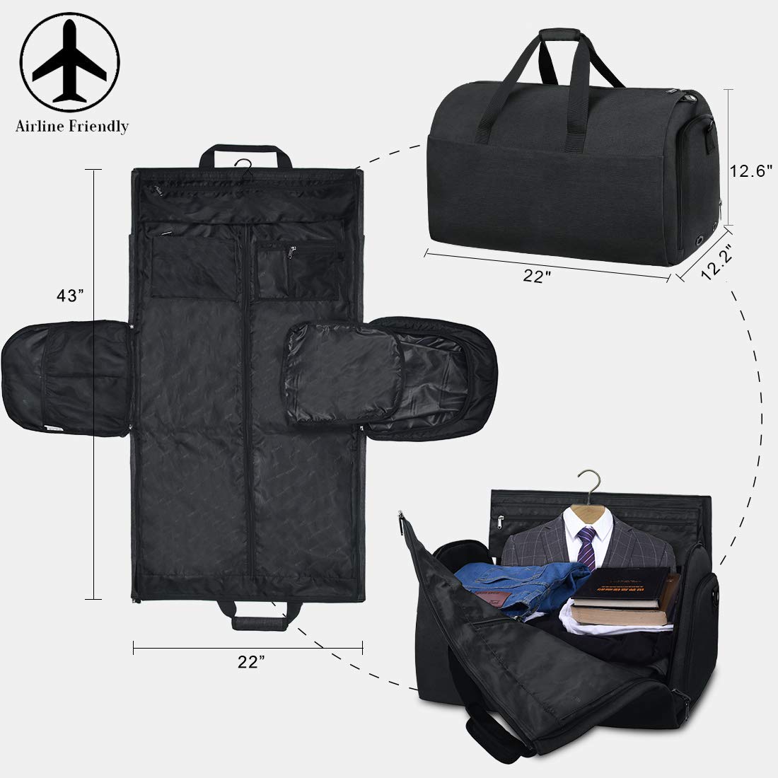 Convertible Suit Travel Garment Bag with Shoes Compartment - Waterproof Large Carry On Duffel Weekender Bag for Men & Women - Perfect for Business Trips, Weddings & Airplane Travel