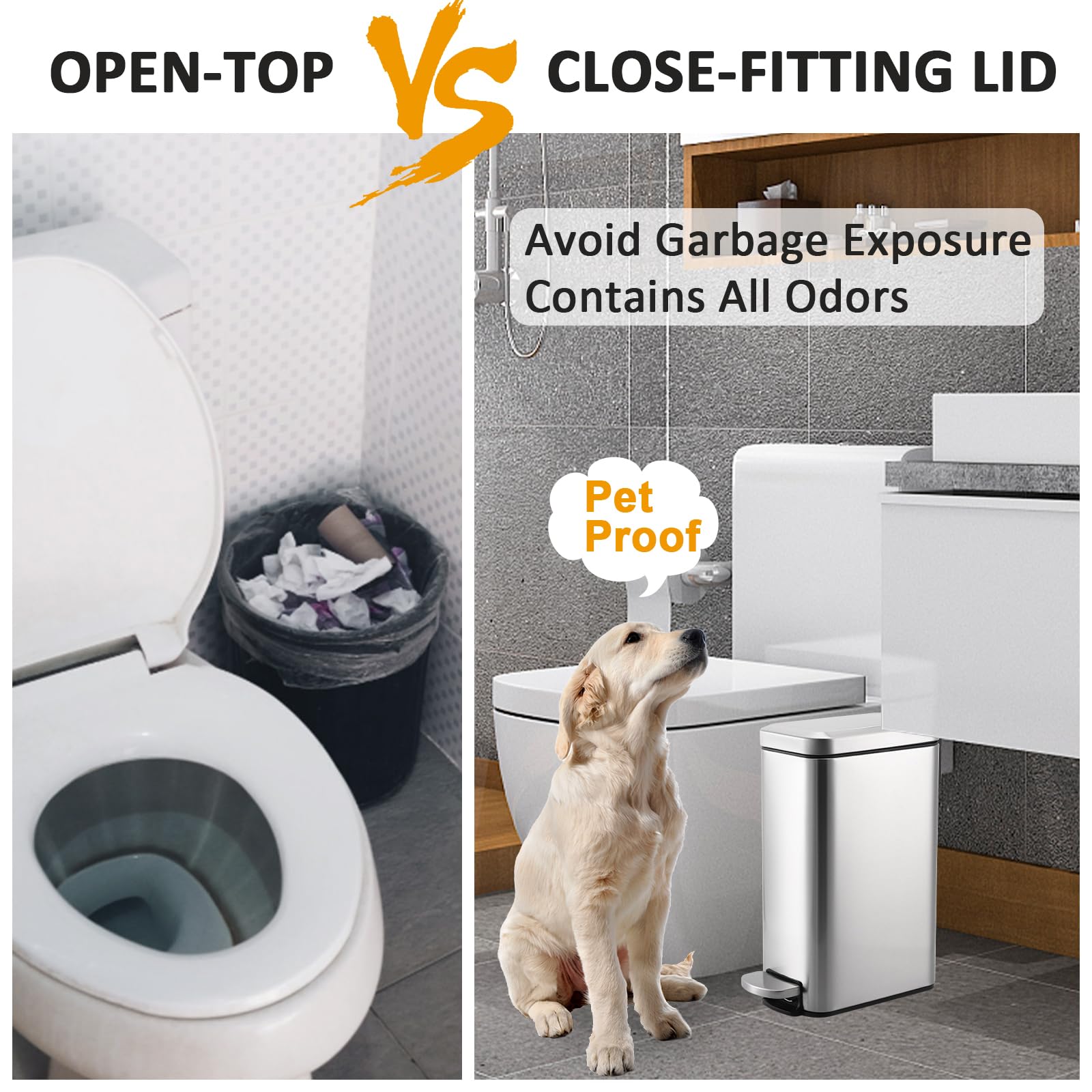 2.6 Gallon Stainless Steel Bathroom Trash Can with Lid & Toilet Brush Holder Set - 10L Silver Wastebasket for Office, Kitchen, Bedroom - Includes Trash Bags | Space-Saving Design for Narrow Spaces & Modern Bathroom Decor