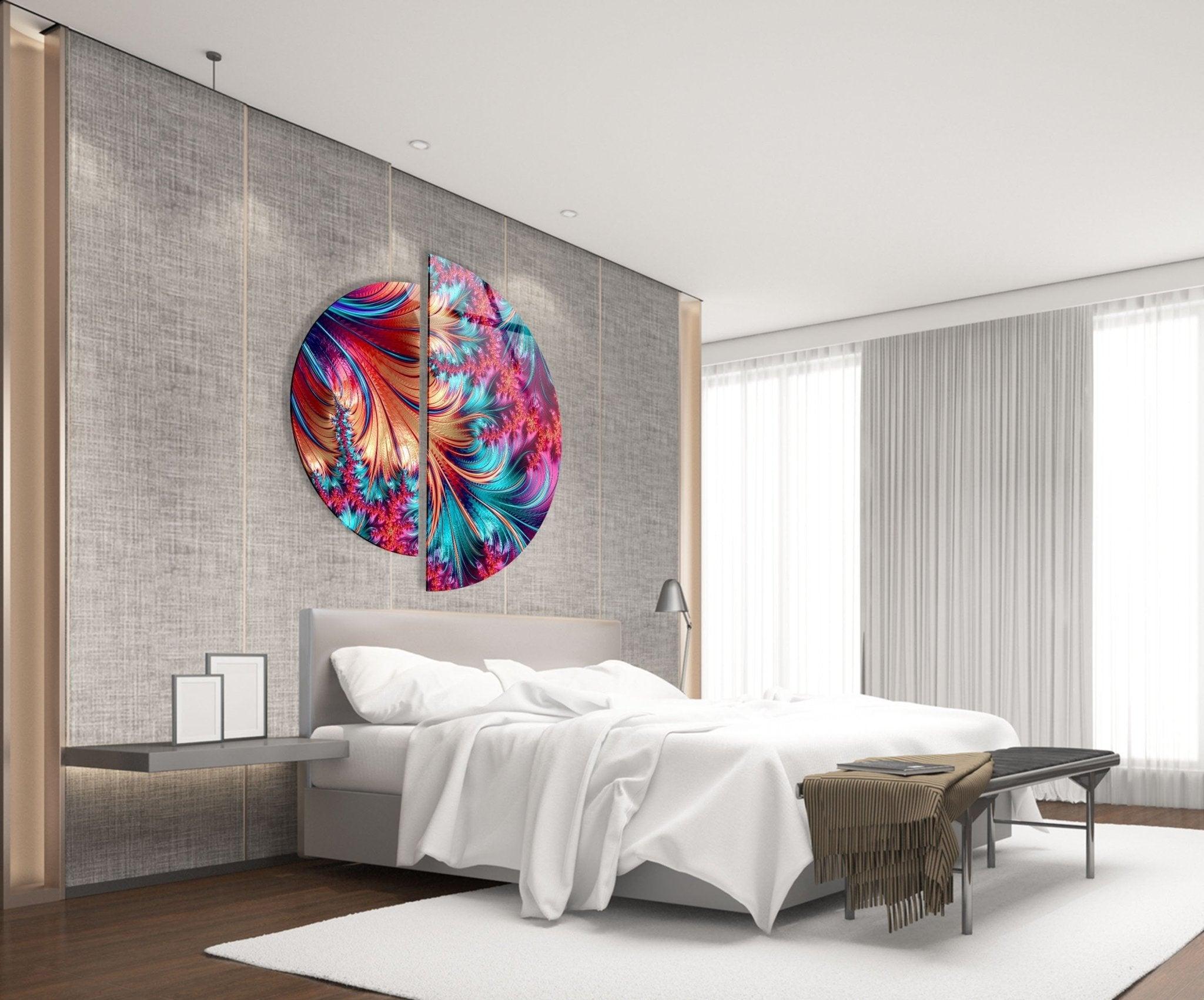 2 Piece Red Fractal Abstract Glass Wall Art Set - Modern Home Decor for Living Room, Bedroom & Office - Shatter-Resistant Tempered Glass