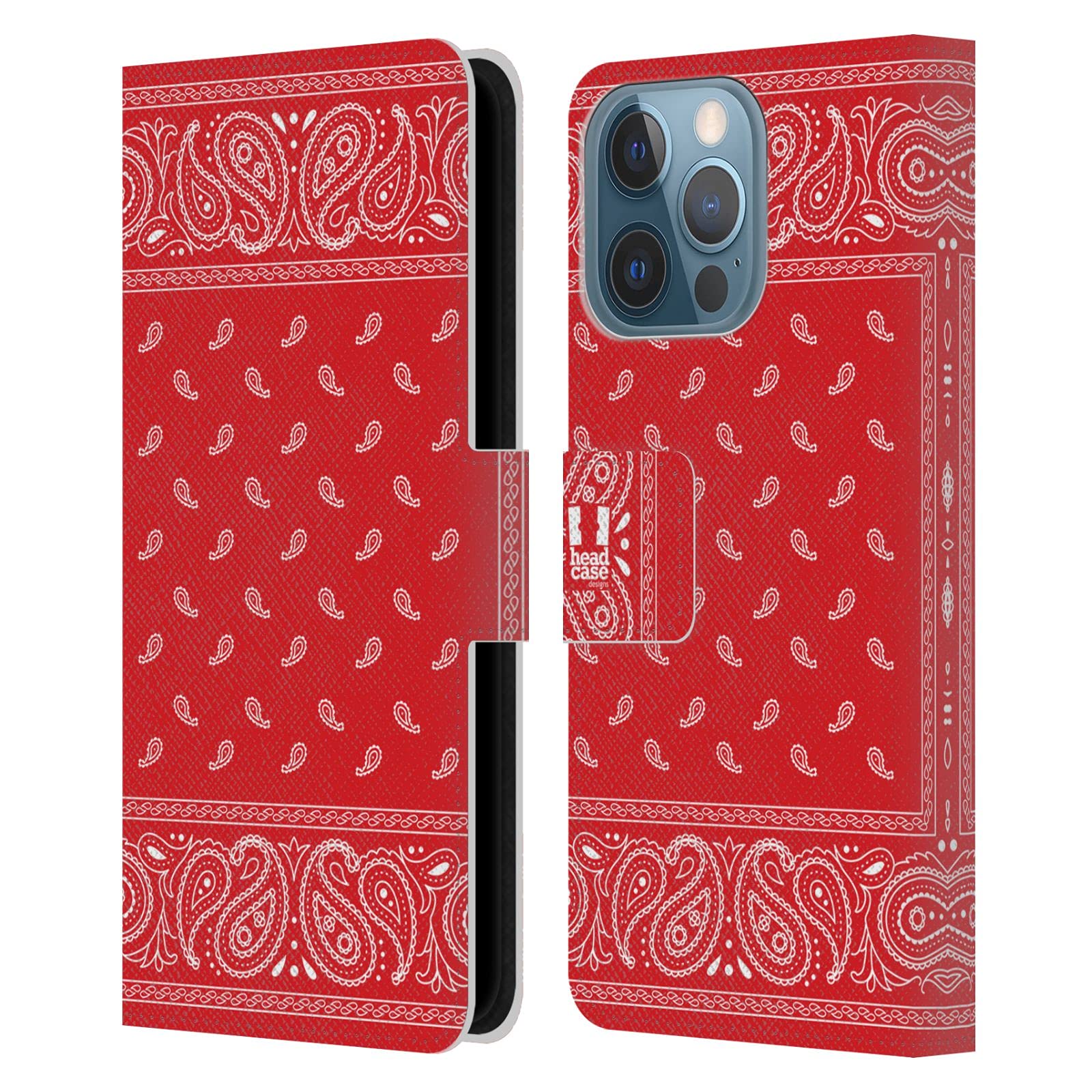 Head Case Designs Red Classic Paisley Bandana Leather Book Wallet Case Cover for Apple iPhone 13 Pro - Stylish Protection for Everyday Use, Travel & Work