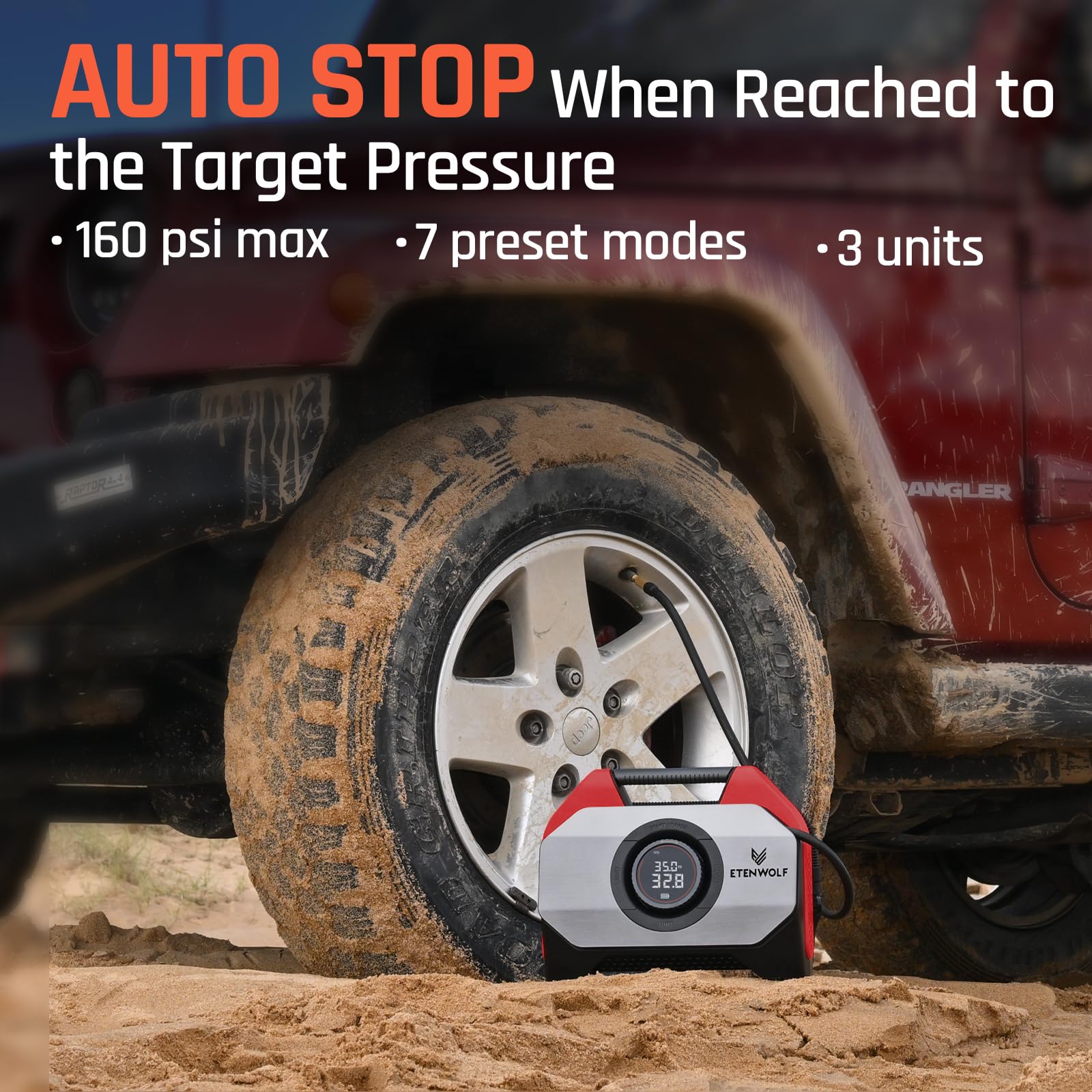 ETENWOLF VORTEX S6 Cordless Tire Inflator - 19200mAh Portable Air Compressor for Cars, Trucks, Bikes & Inflatables - Heavy Duty Dual Cylinder Pump with 100% Duty Cycle (Red) - Perfect for Road Trips, Camping & Emergency Tire Inflation