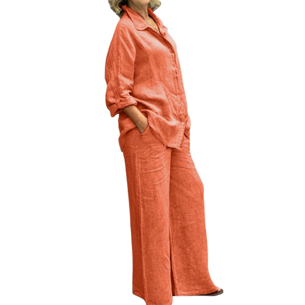 ZOCAVIA Women's 2-Piece Linen Outfit Set - Long Sleeve Shirt & Wide Leg Pants - Plus Size Casual Solid Color Travel Vacation Clothes | Perfect for Summer Beach Trips, Weekend Getaways & Office Wear