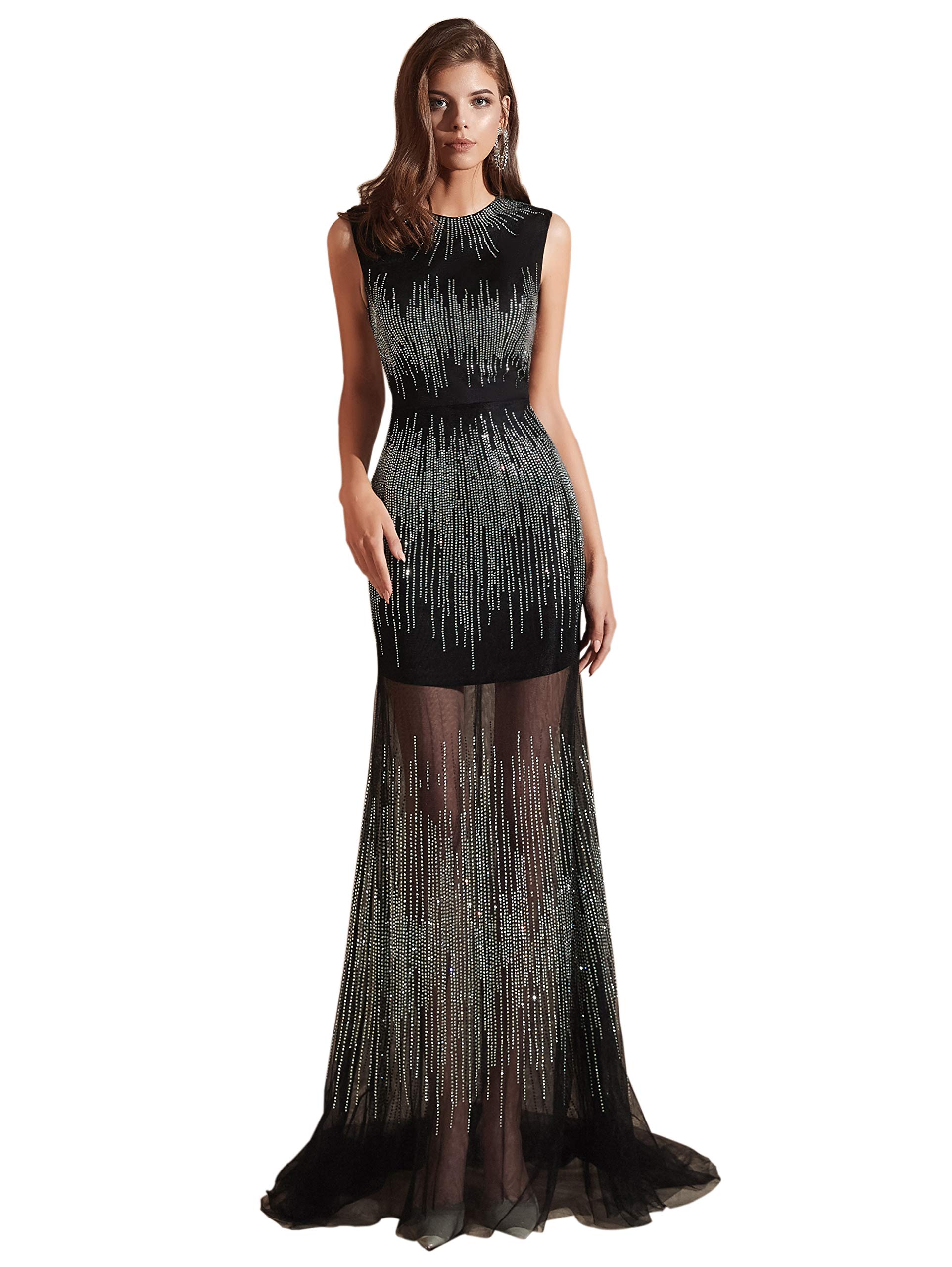 Ikerenwedding Women's Beaded Sleeveless Mermaid Evening Gown with Tulle Skirt - Perfect for Prom, Wedding Guest, and Formal Events