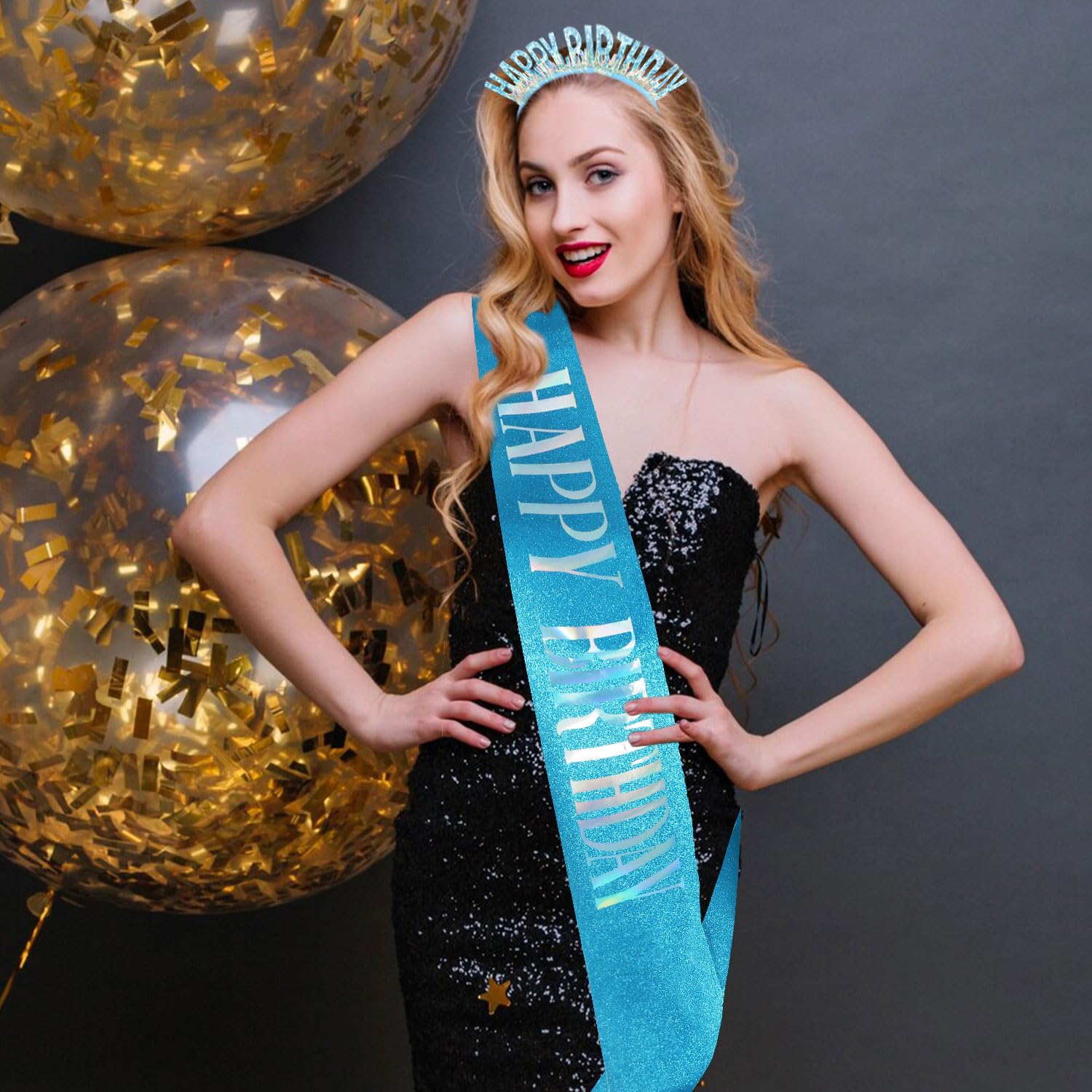 Aprince Birthday Headband & Tiara Set - Blue Birthday Crown & Sash for Women & Girls - Happy Birthday Party Decorations - Perfect for Birthday Celebrations, Photo Shoots & Special Occasions