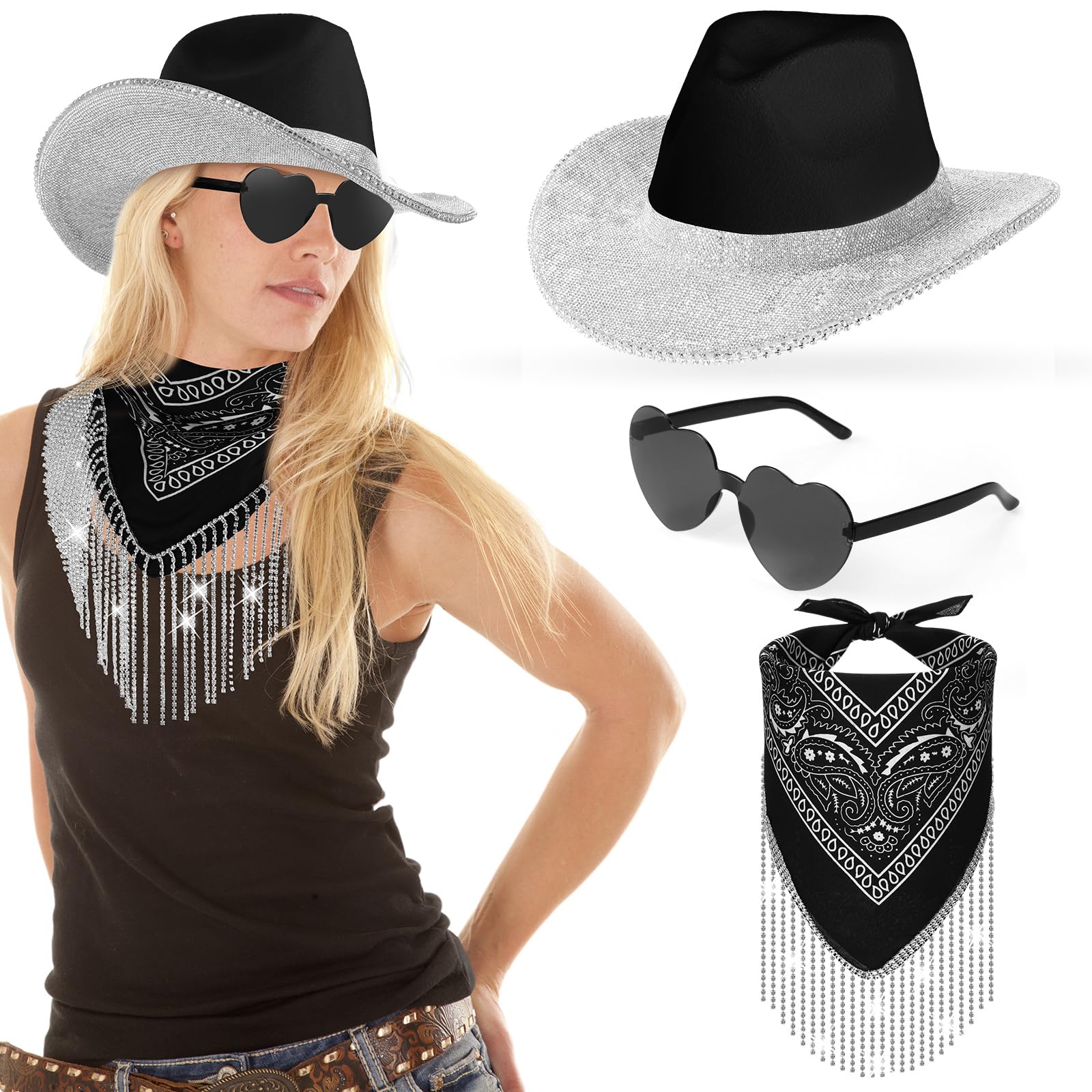 Sparkly Rhinestone Cowboy Hat with Glasses & Scarf - Western Bling Cowgirl Hat for Men & Women - Perfect for Rodeo, Country Music Festivals & Cowboy Cosplay