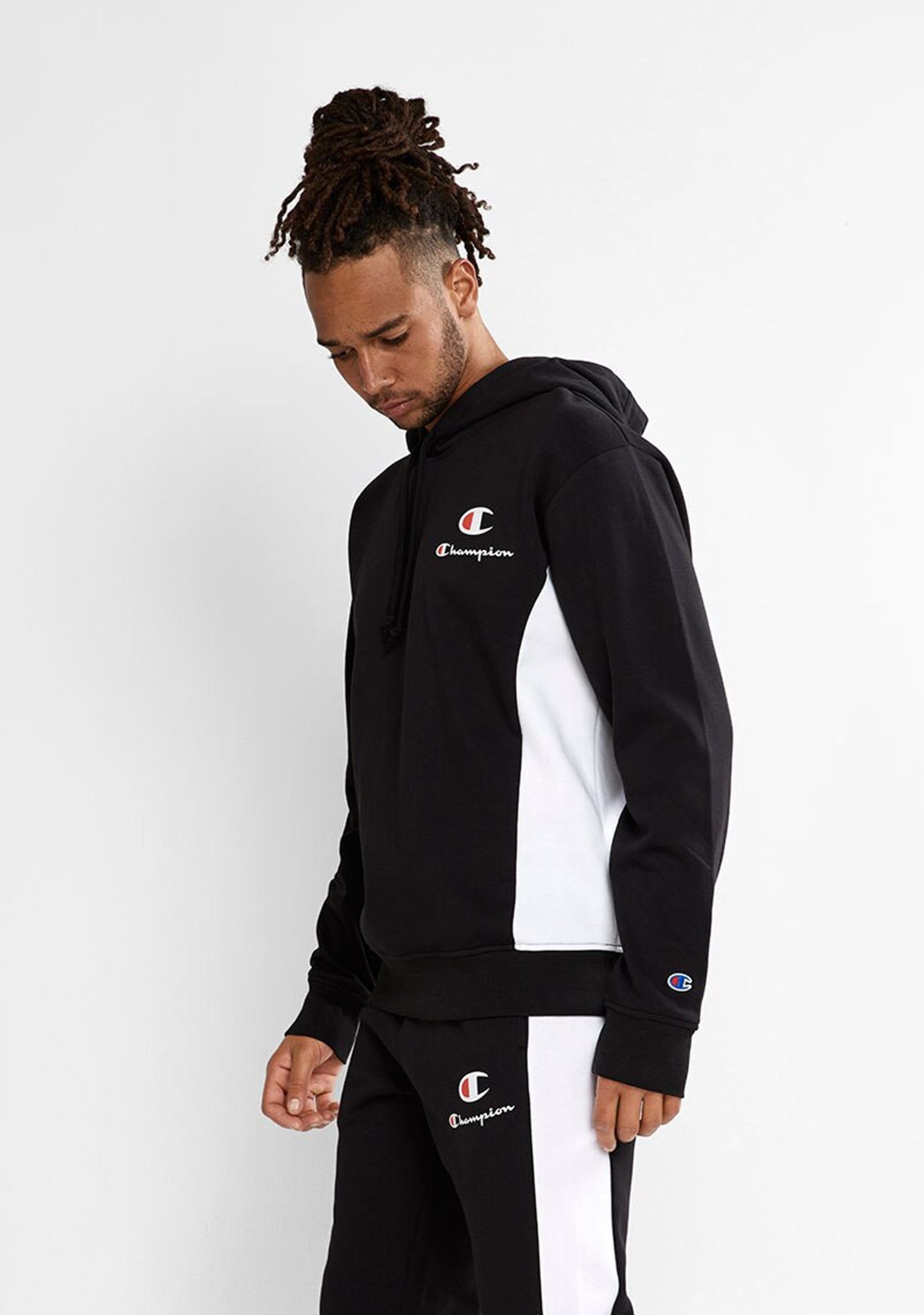 Champion Men's Panel Hoodie - Black & White | Comfortable Pullover Sweatshirt for Casual Wear, Gym & Outdoor Activities